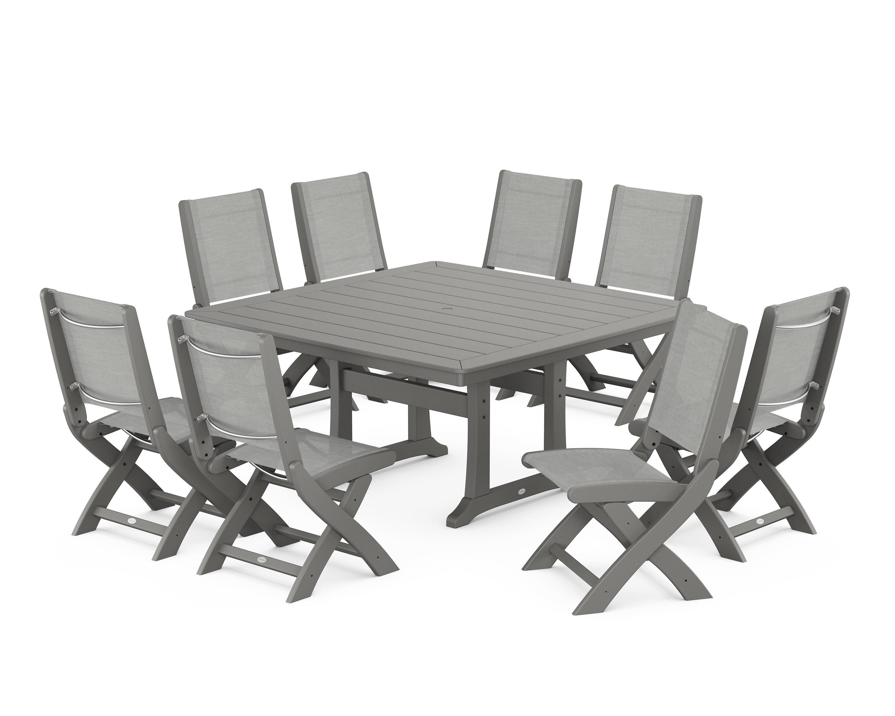 Coastal Folding Side Chair 9-Piece Dining Set with Trestle Legs in Slate Grey / Metallic Sling