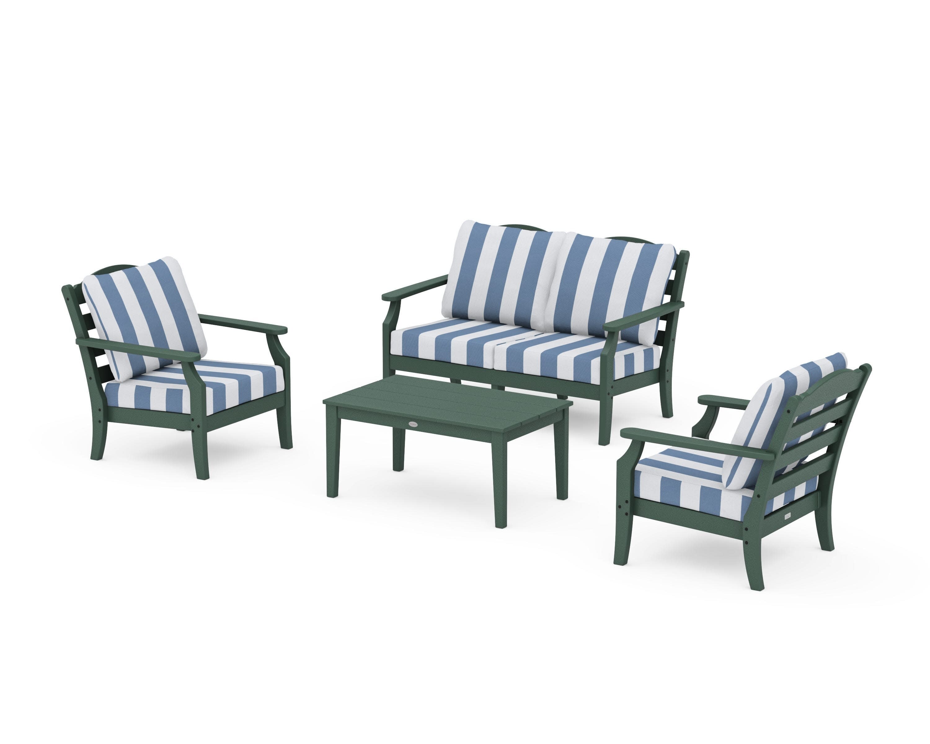 Savannah 4-Piece Deep Seating Set with Loveseat in Green / Cabana Stripe Sky Blue