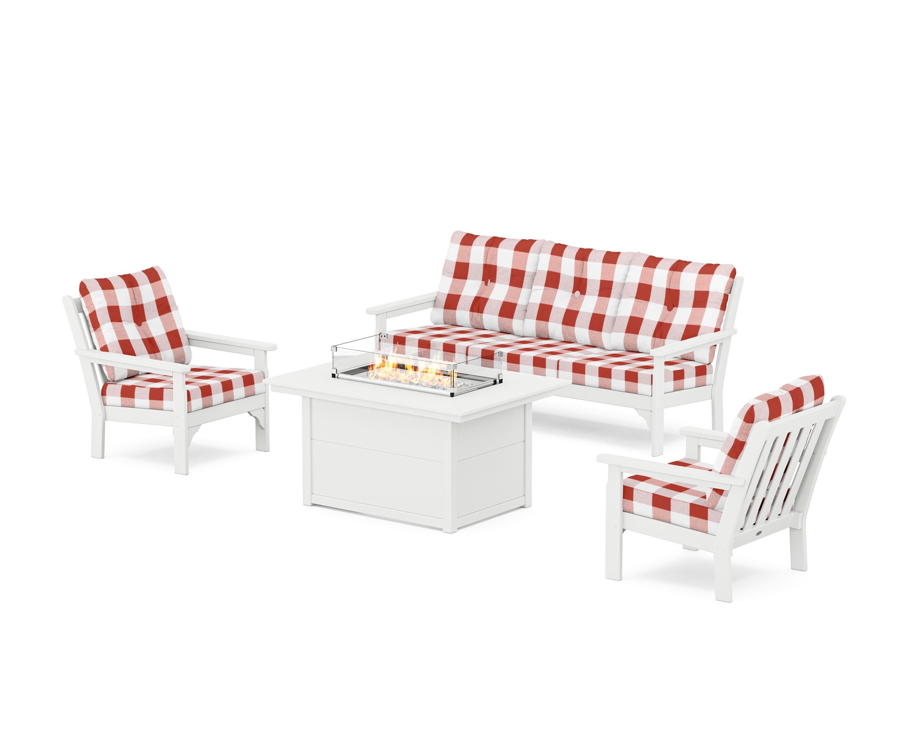 Vineyard Deep Seating Fire Pit Table Set in White / Buffalo Plaid Crimson