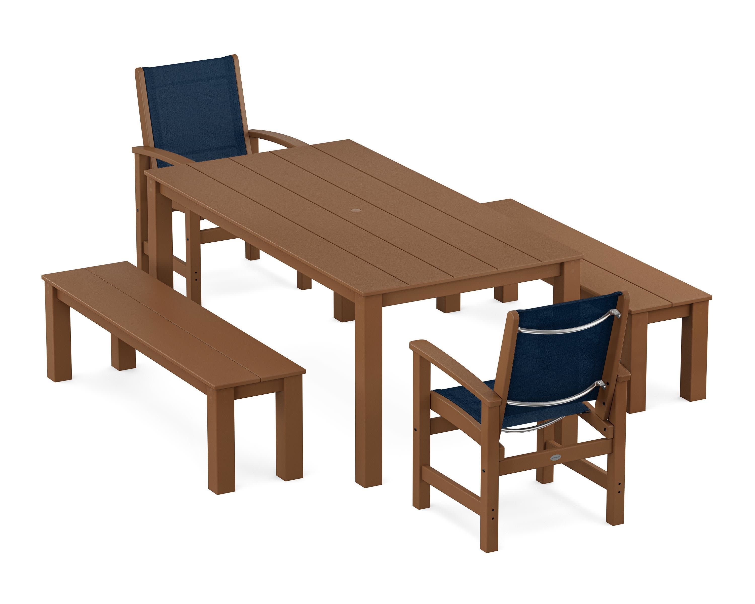 Coastal 5-Piece Parsons Dining Set with Benches in Teak / Navy Blue Sling