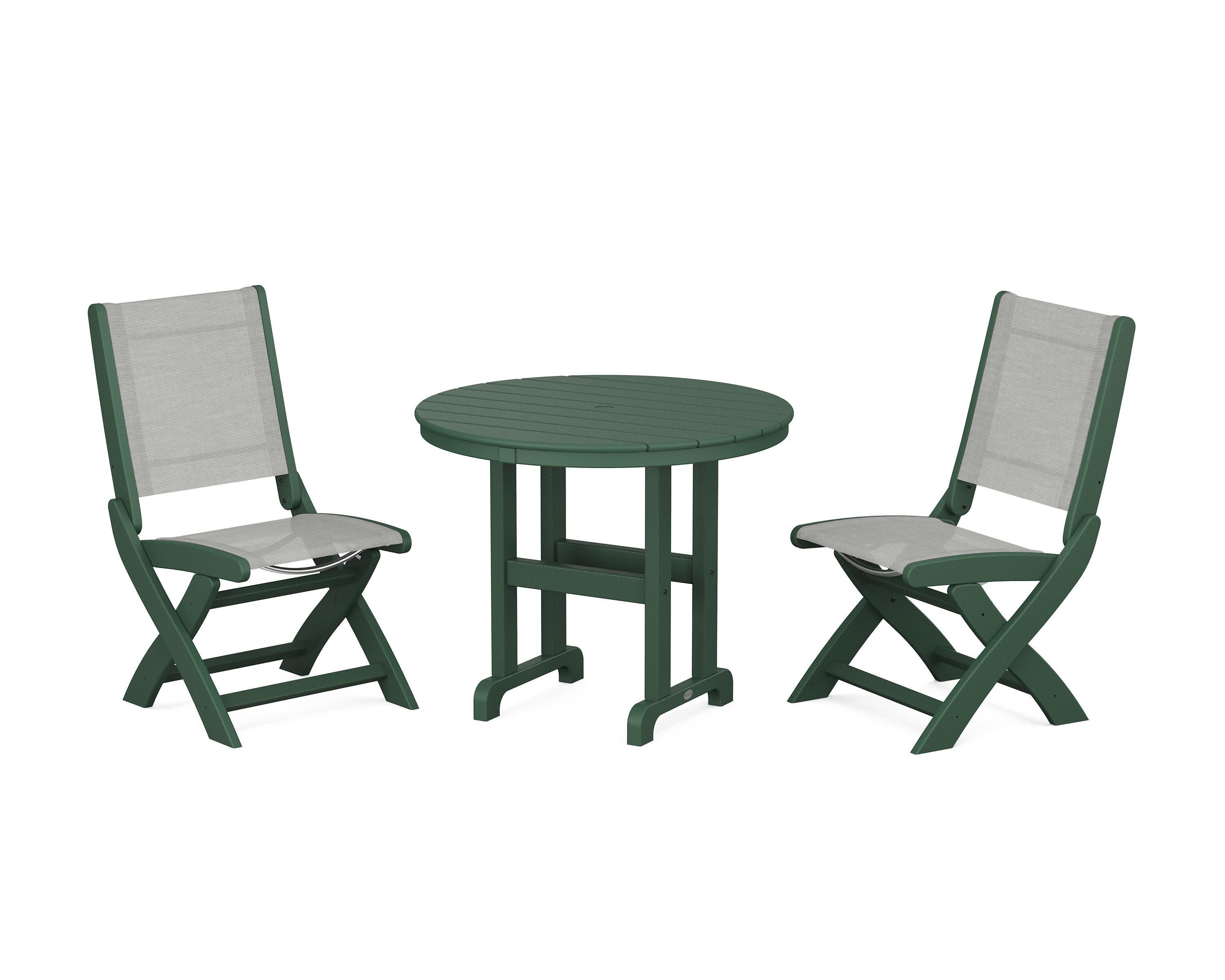 Coastal Folding Side Chair 3-Piece Round Dining Set in Green / Metallic Sling