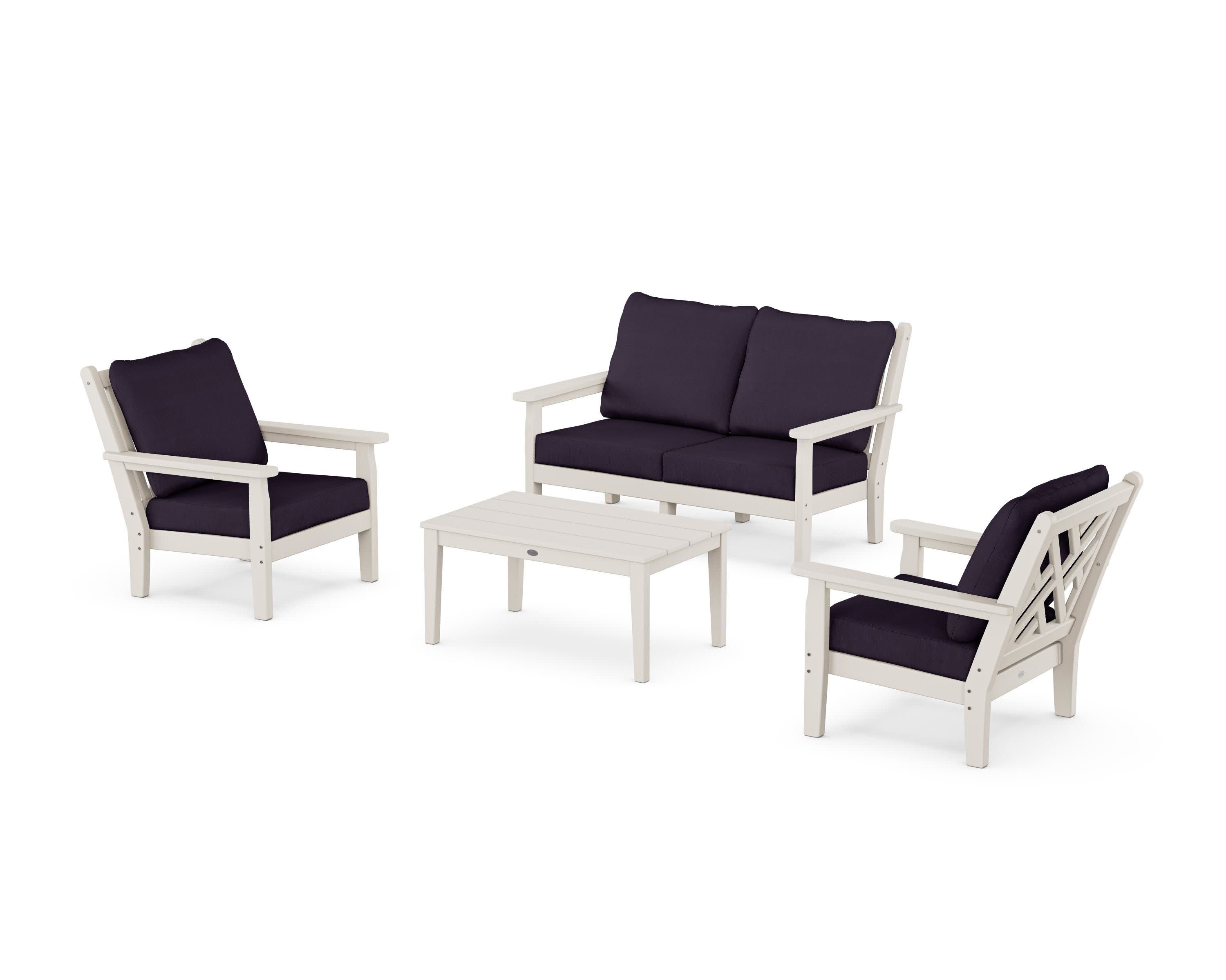 Chippendale 4-Piece Deep Seating Set with Loveseat in Sand / Navy Linen