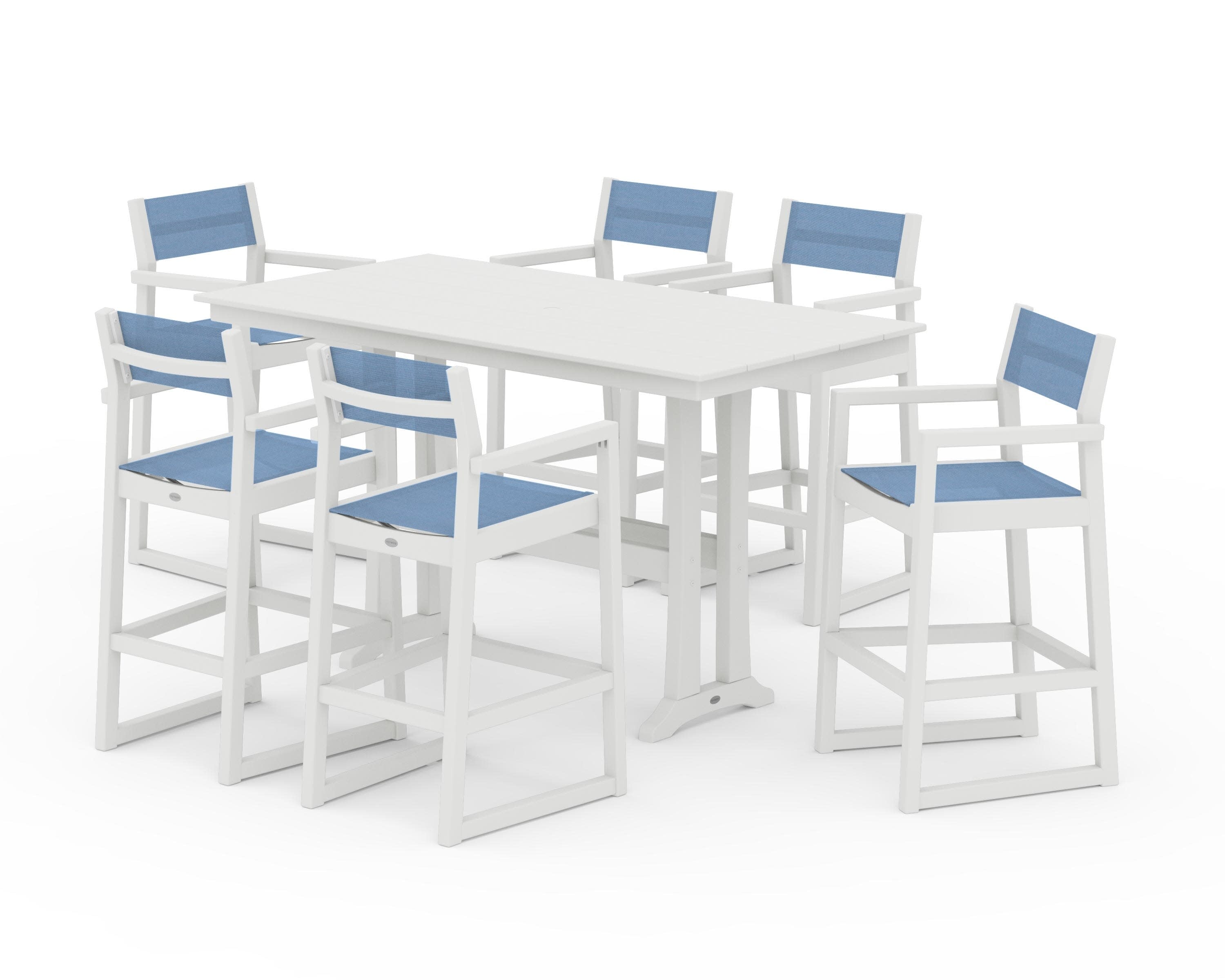 EDGE Sling Arm Chair 7-Piece Farmhouse Bar Set with Trestle Legs in Vintage White / Poolside Sling