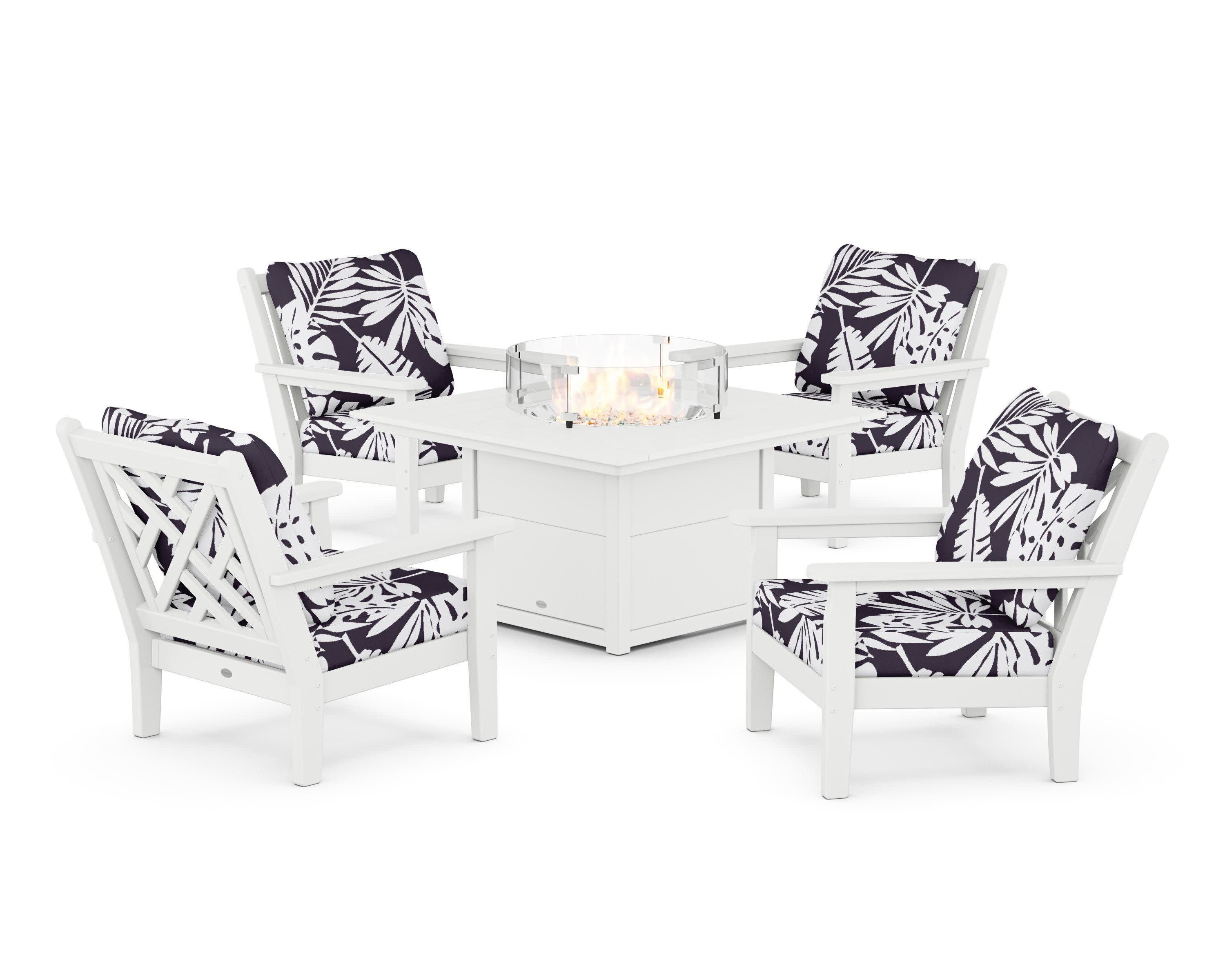 Chippendale 5-Piece Deep Seating Set with Fire Pit Table in White / Leaf Navy