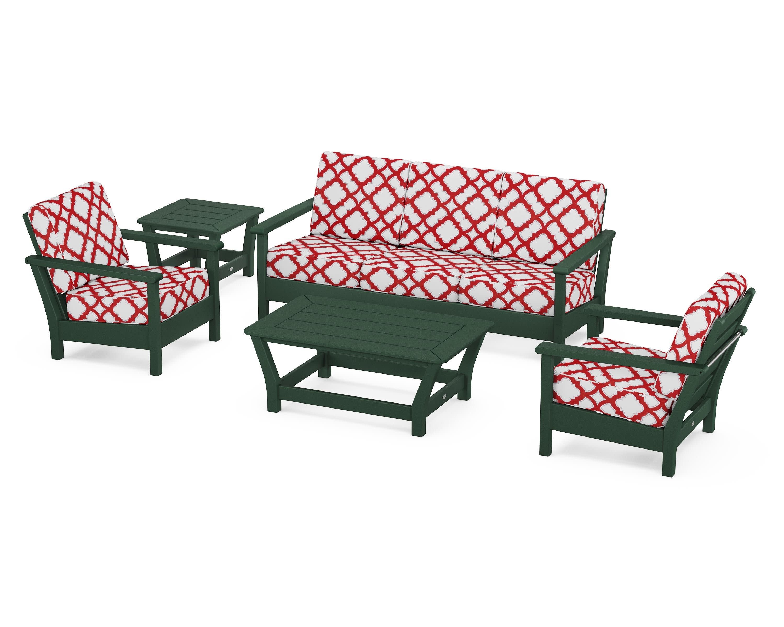Harbour 5-Piece Deep Seating Set in Green / Trellis Crimson
