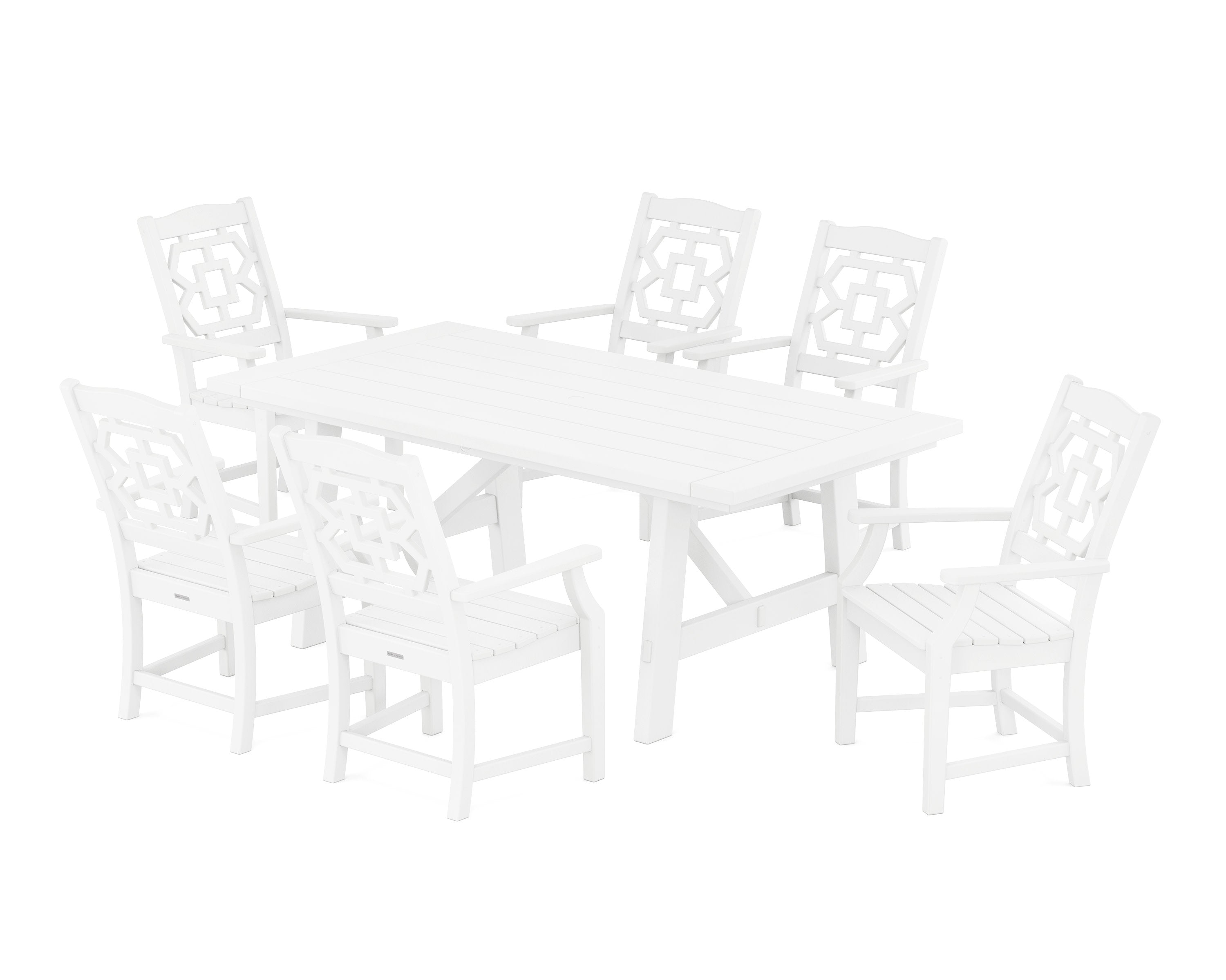 Chinoiserie Arm Chair 7-Piece Rustic Farmhouse Dining Set in White