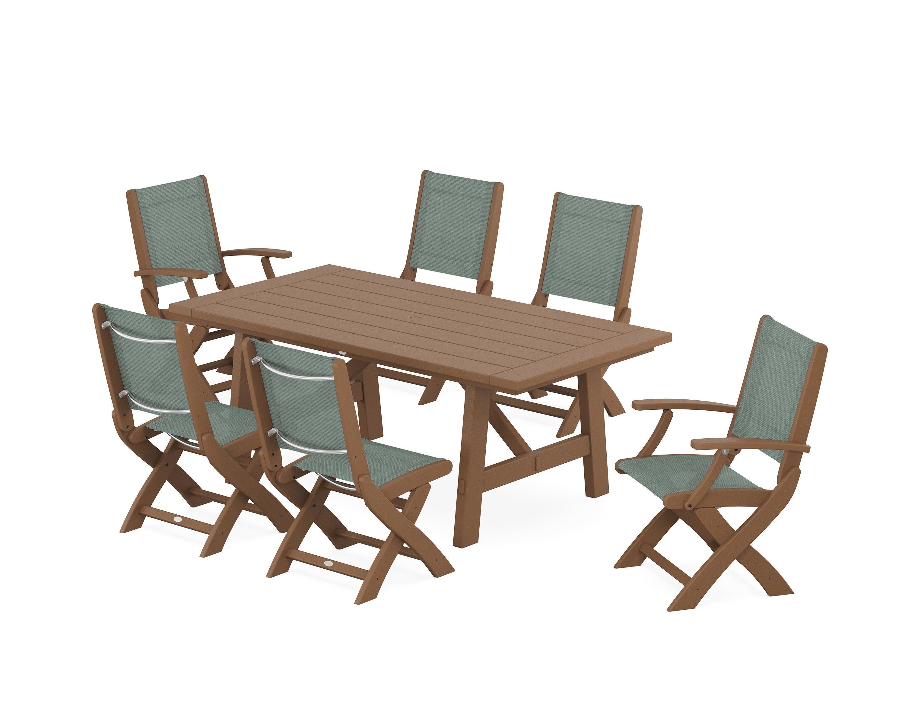 Coastal Folding Chair 7-Piece Rustic Farmhouse Dining Set in Teak / Dupioni Sea Mist Sling