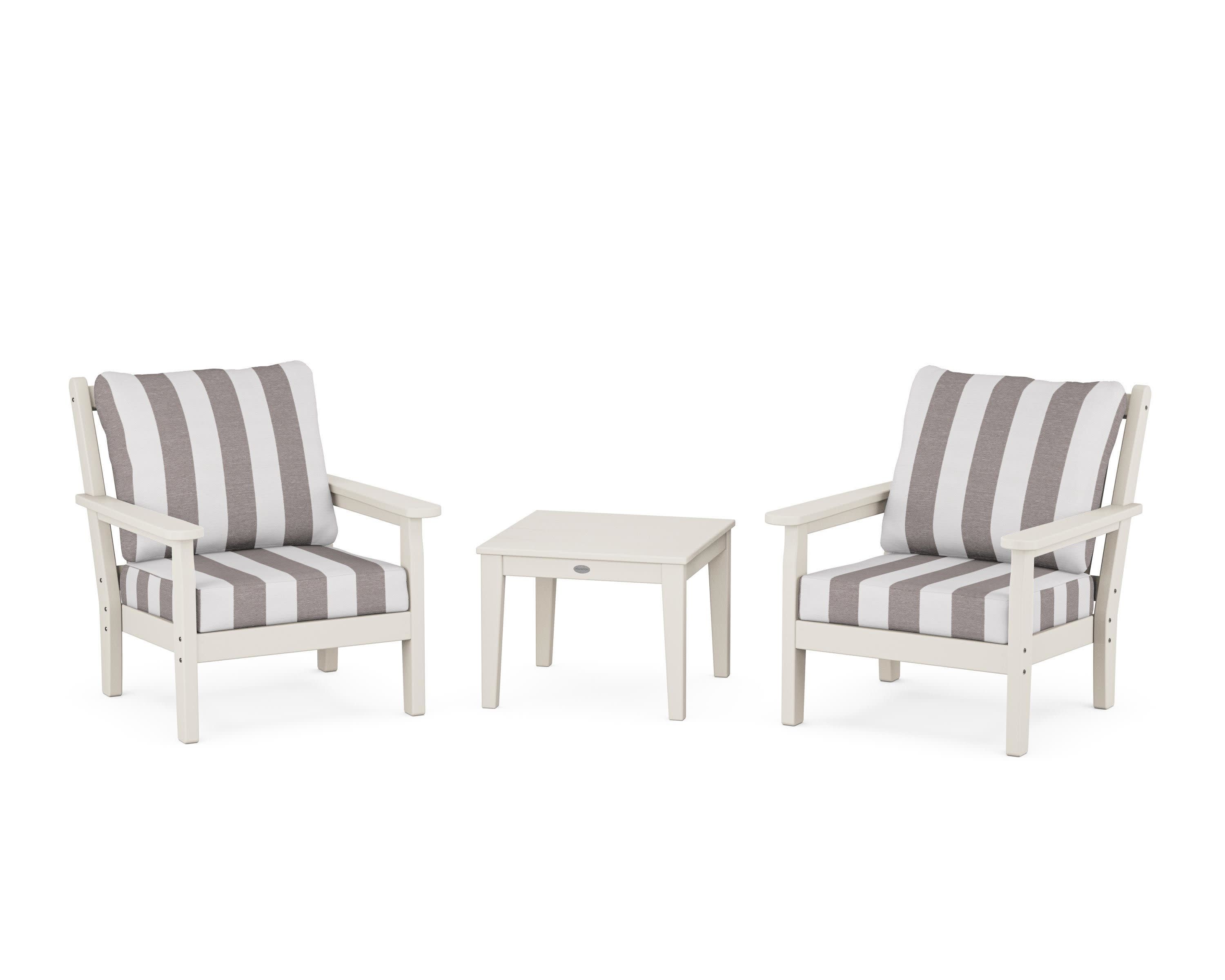 Chippendale 3-Piece Deep Seating Set in Sand / Cabana Stripe Grey Mist