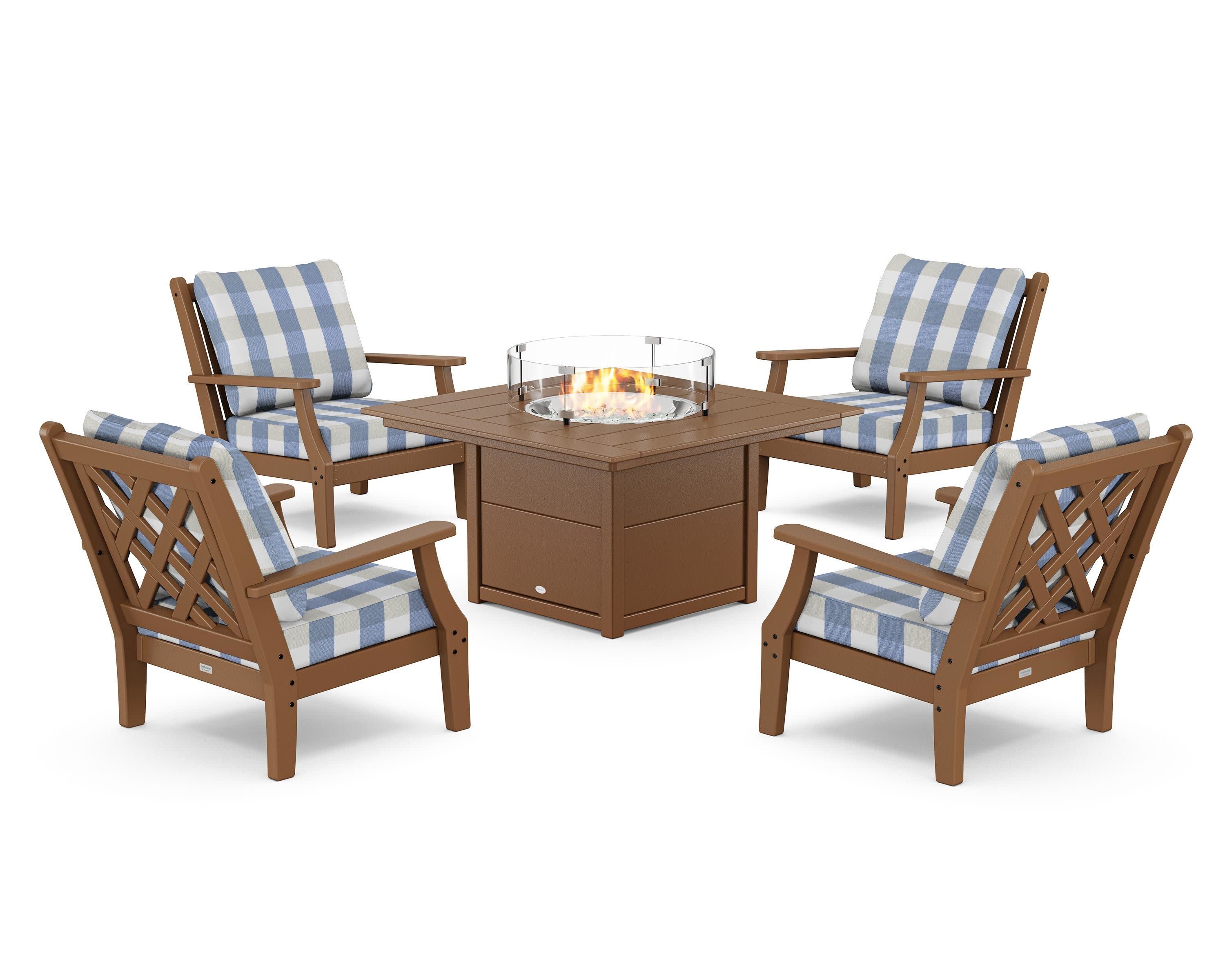 Wovendale 5-Piece Deep Seating Set with Fire Pit Table in Teak / Buffalo Plaid Sky Blue