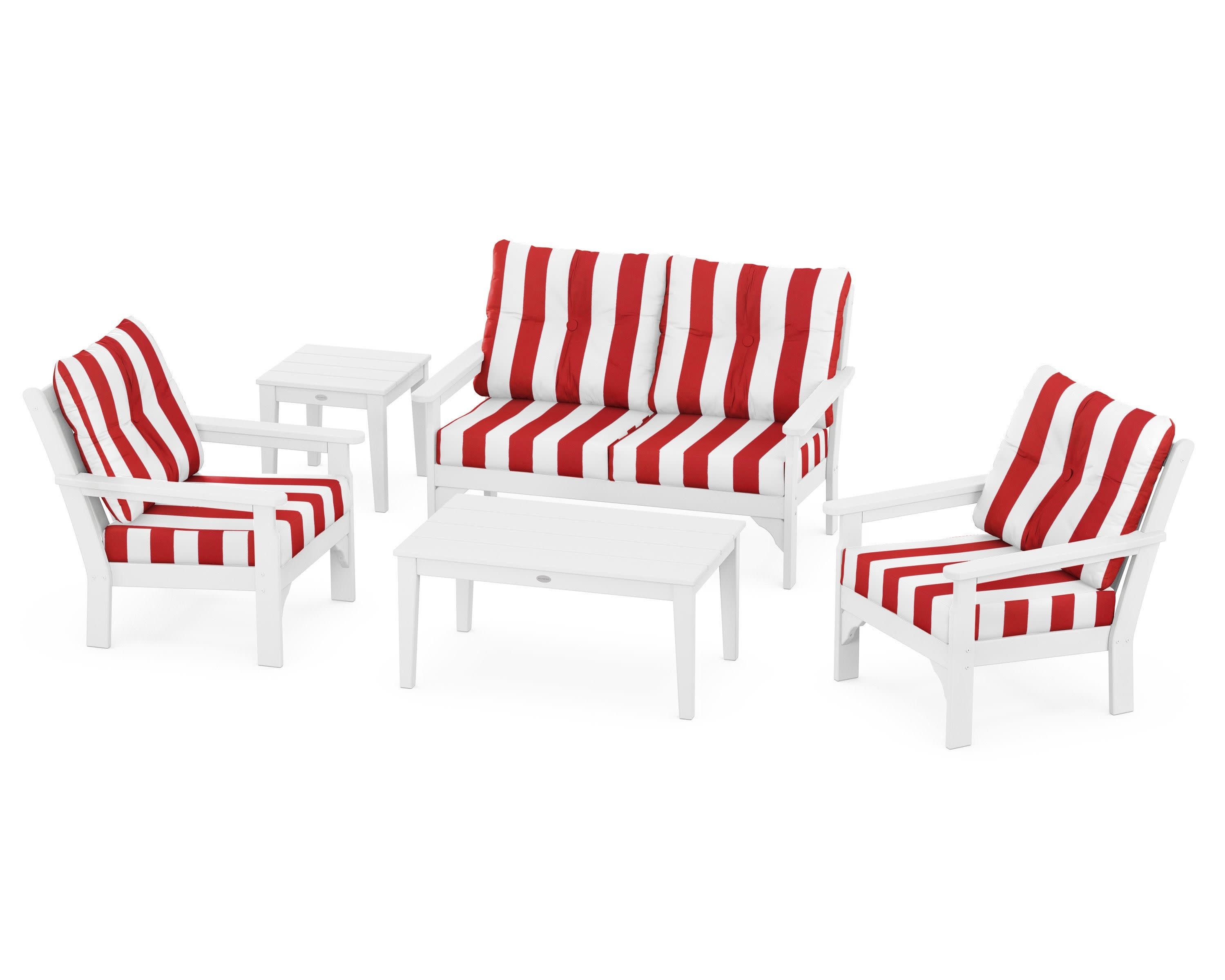 Vineyard 5-Piece Deep Seating Set in White / Cabana Stripe Crimson