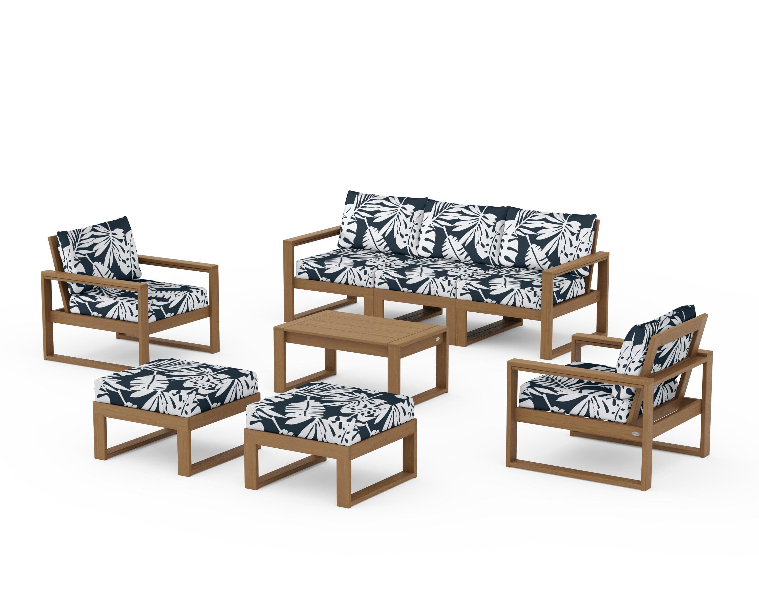 EDGE Sectional 8-Piece Lounge Sofa Set in Natural / Leaf Marine Indigo