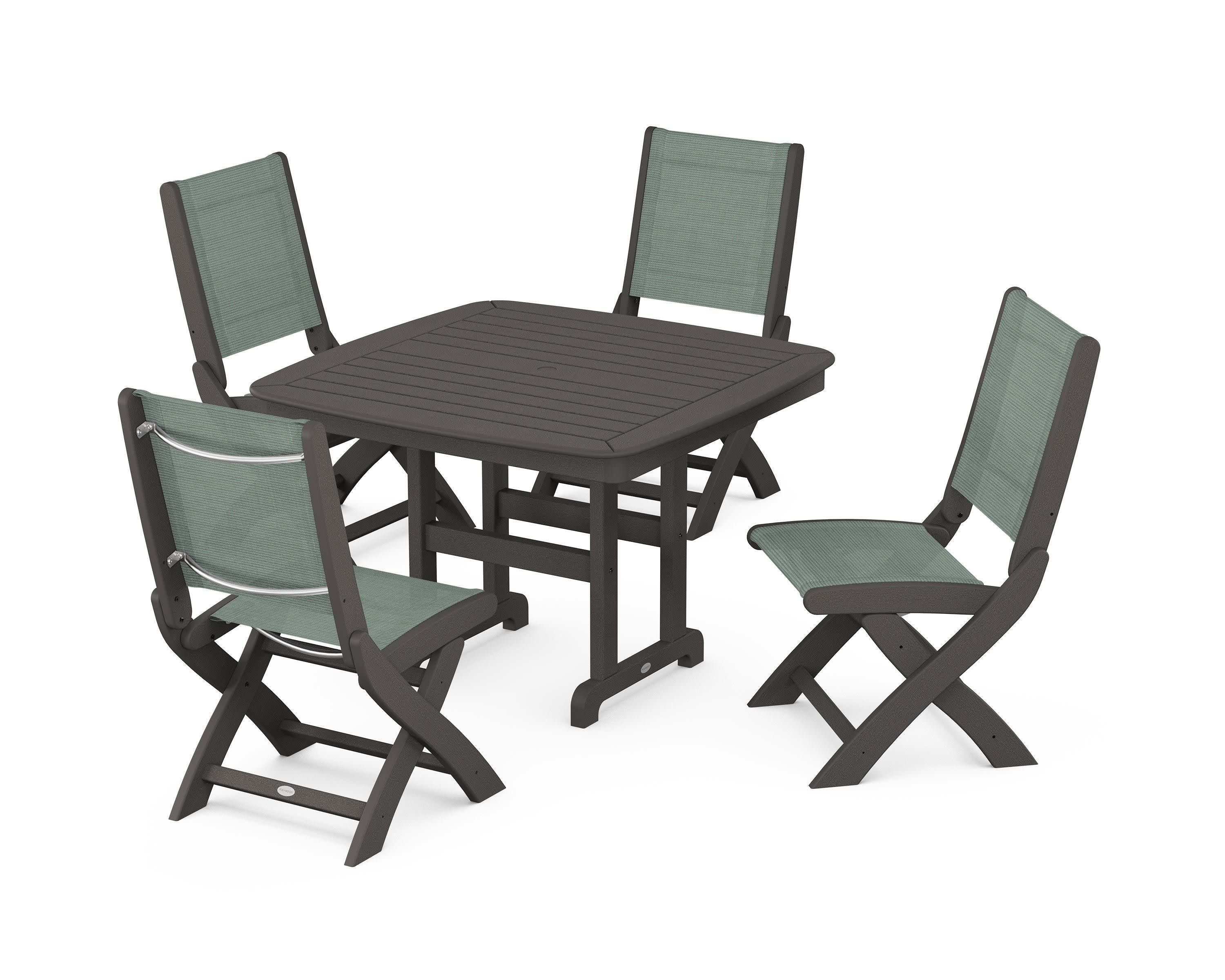 Coastal Folding Side Chair 5-Piece Dining Set in Vintage Coffee / Dupioni Sea Mist Sling