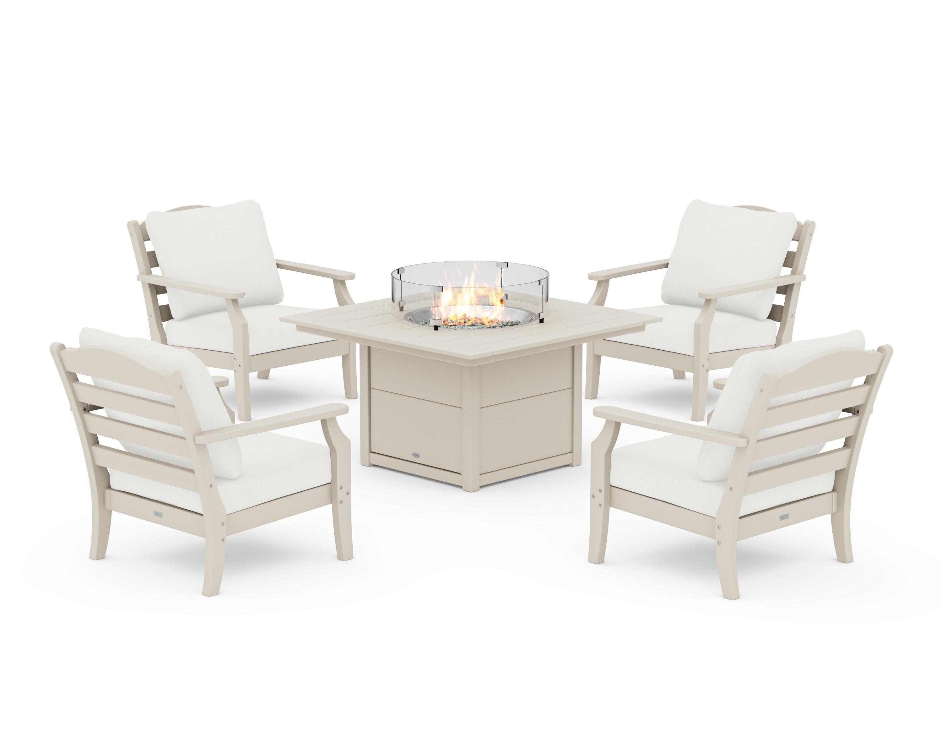 Savannah 5-Piece Deep Seating Set with Fire Pit Table in Sand / Natural Linen