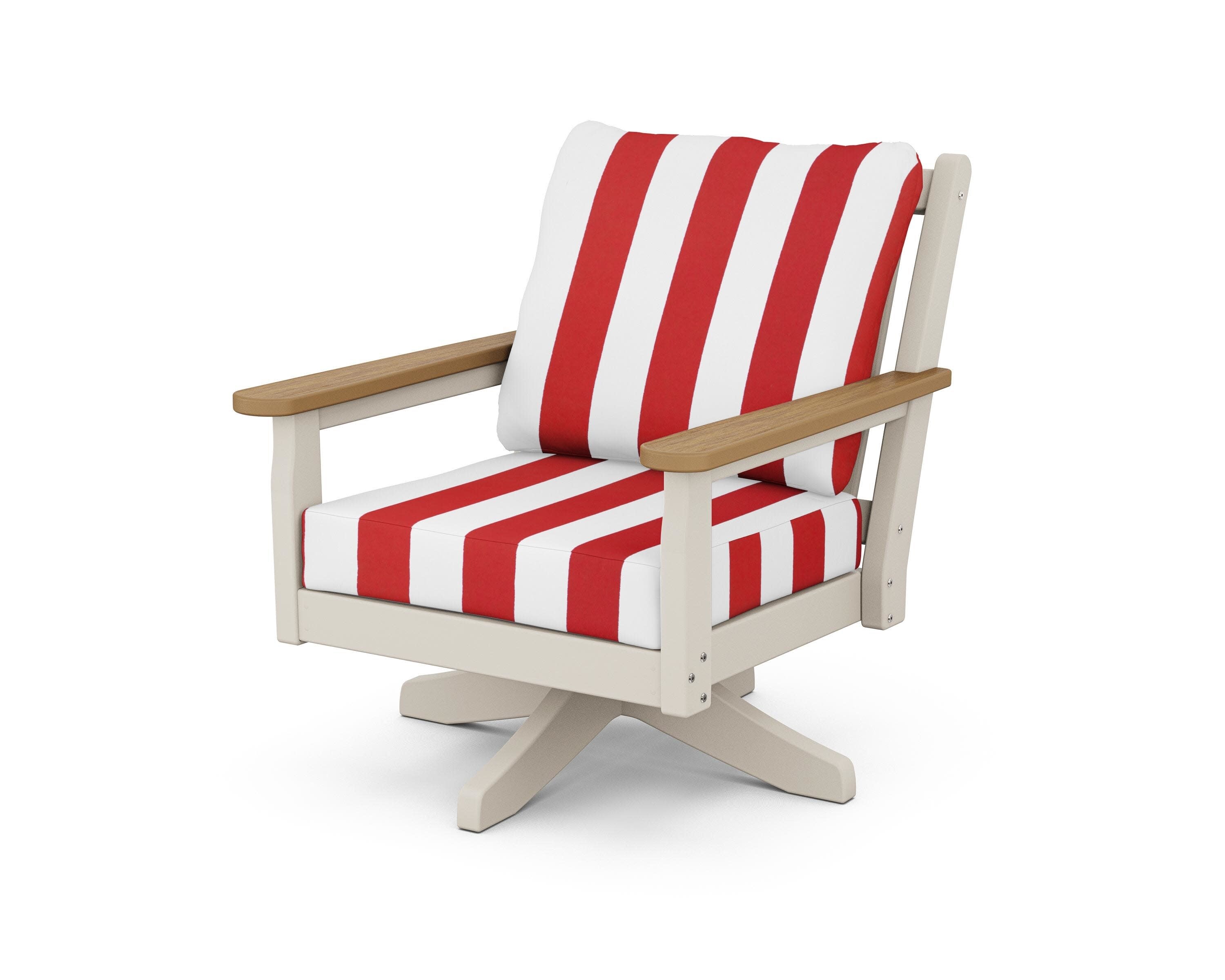 Chippendale Deep Seating Swivel Chair in Sand / Natural / Cabana Stripe Crimson