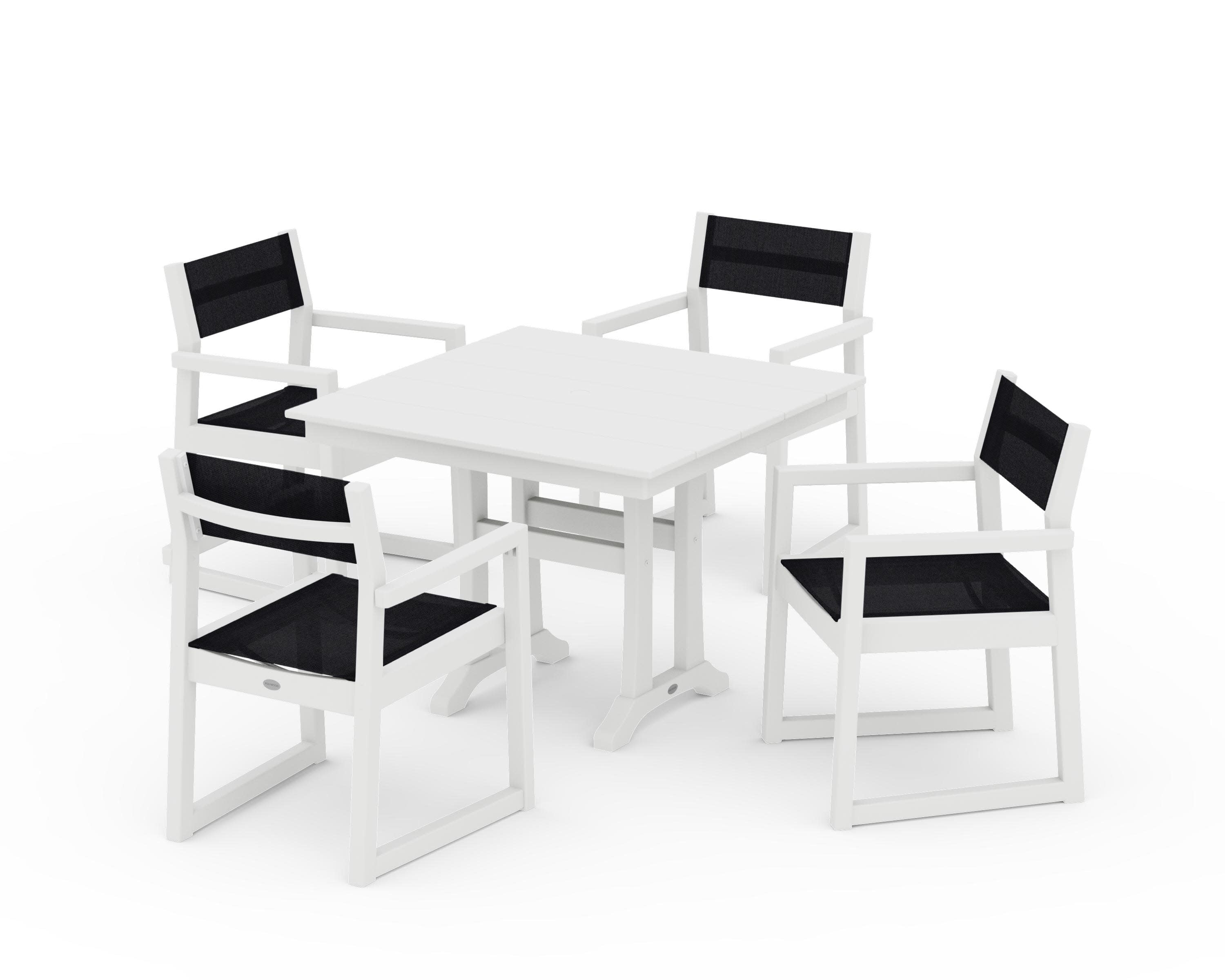 EDGE Sling 5-Piece Farmhouse Dining Set with Trestle Legs in White / Black Sling