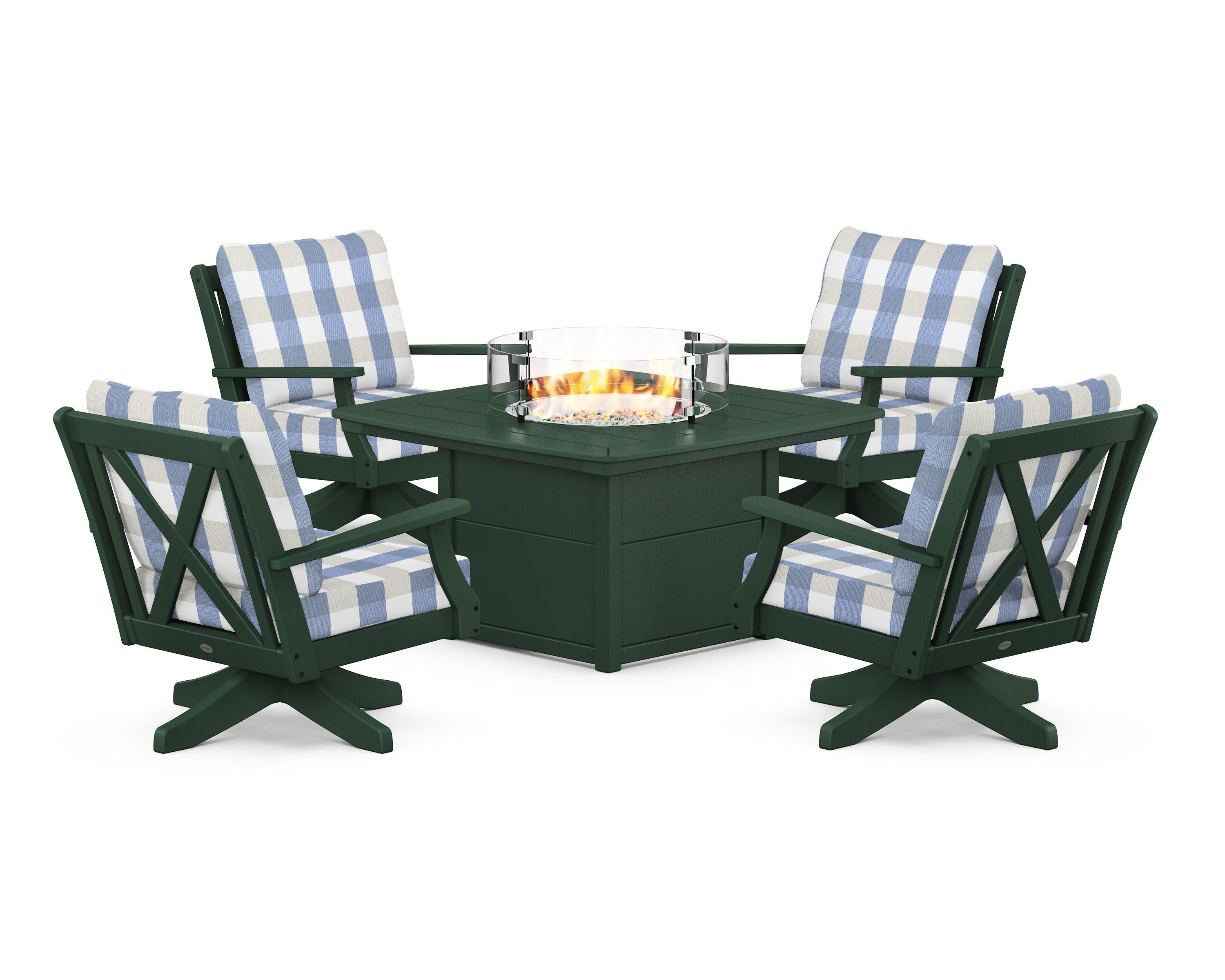 Braxton 5-Piece Deep Seating Swivel Conversation Set with Fire Pit Table in Green / Buffalo Plaid Sky Blue