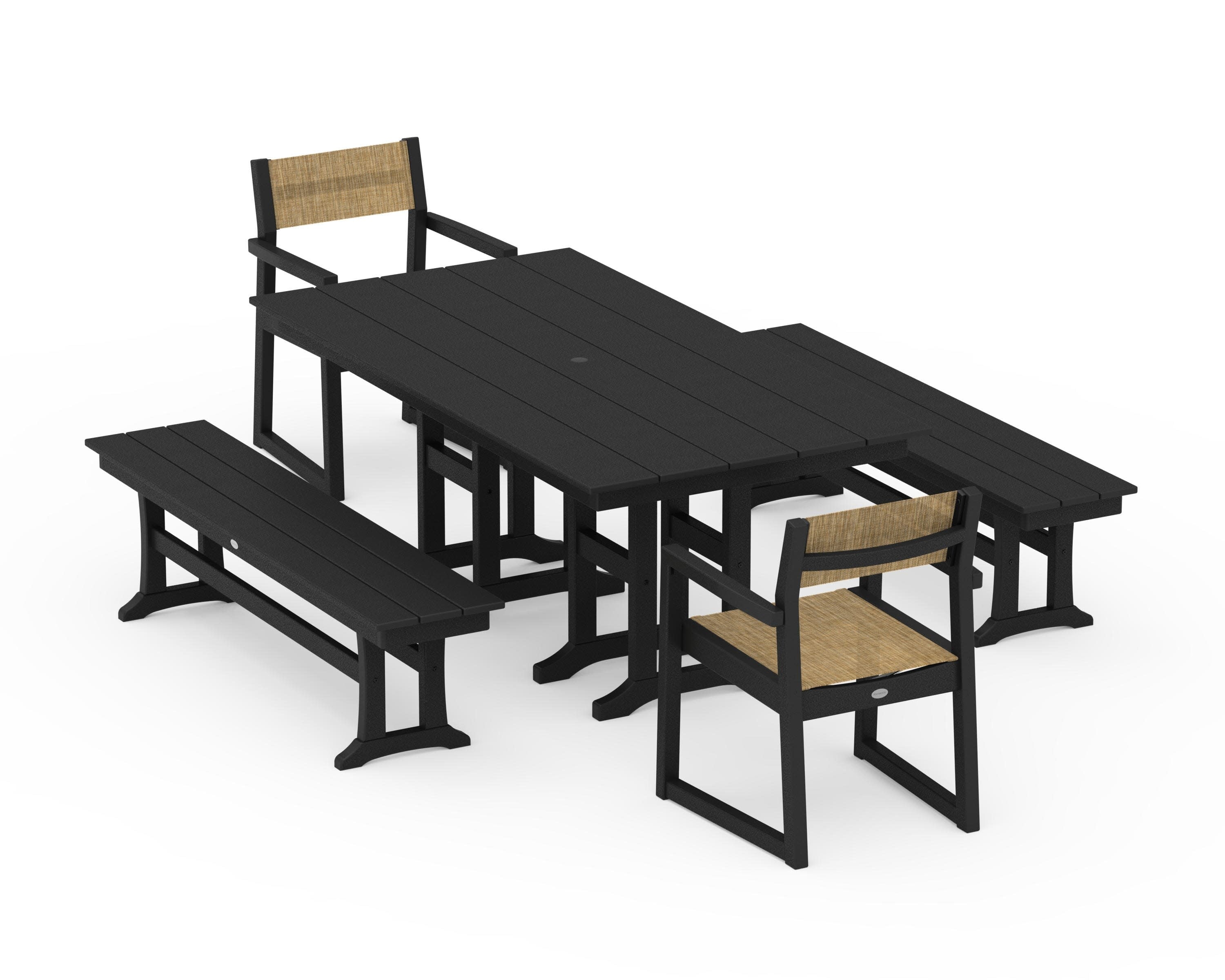 EDGE Sling Arm Chair 5-Piece Farmhouse Dining Set with Benches in Black / Burlap Sling