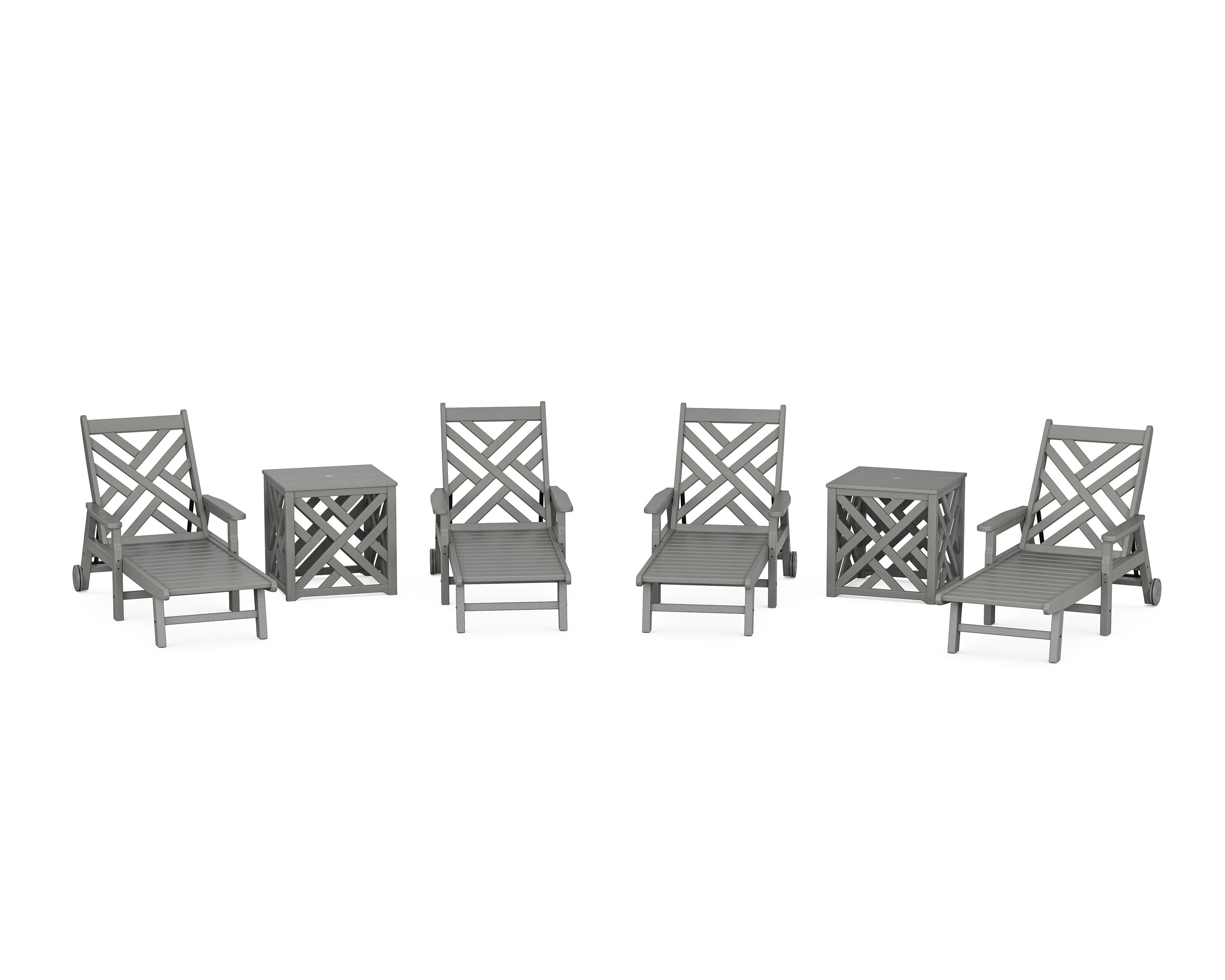 Chippendale 6-Piece Chaise Set with Umbrella Stand Accent Table in Slate Grey