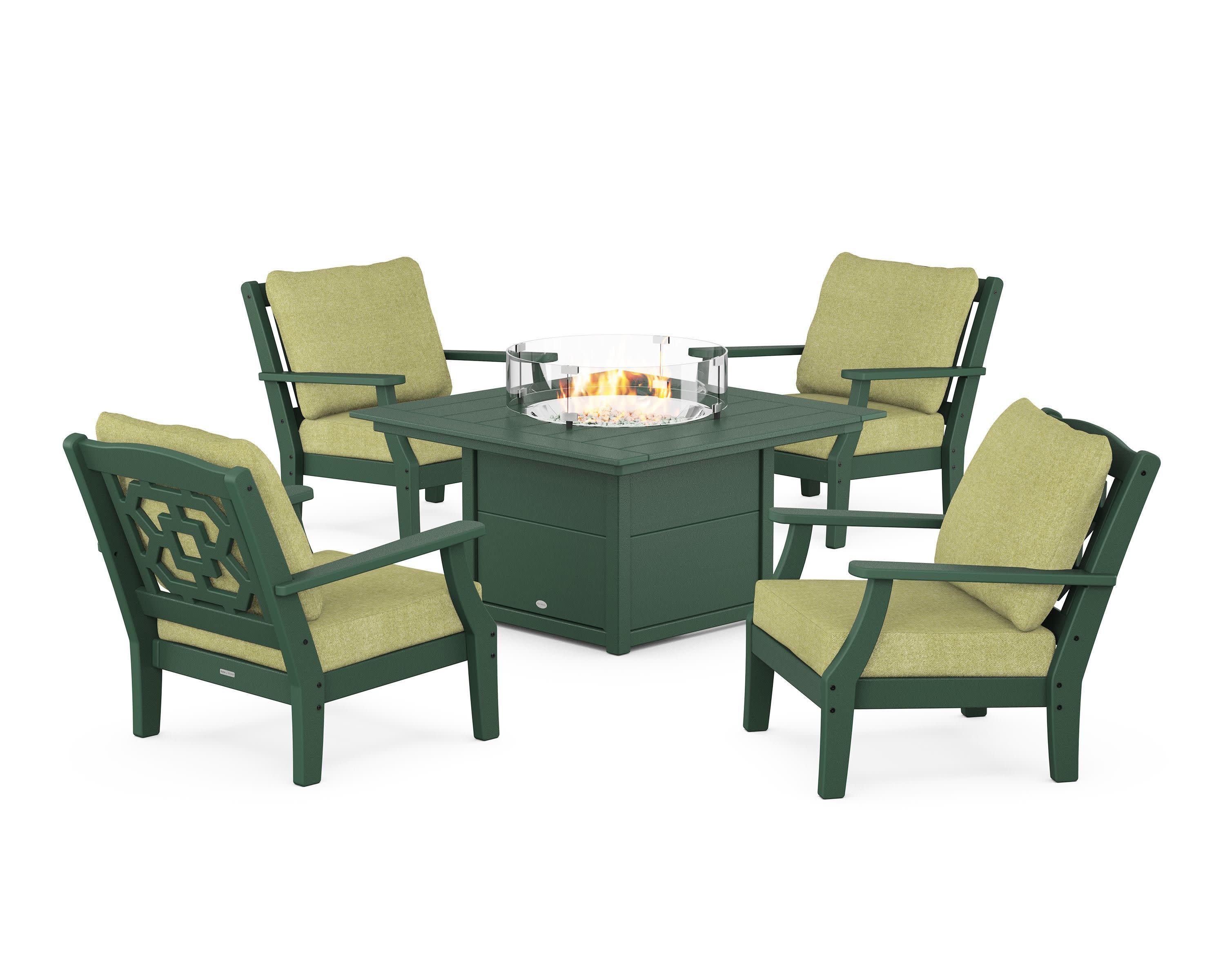 Chinoiserie 5-Piece Deep Seating Set with Fire Pit Table in Green / Chartreuse Boucle