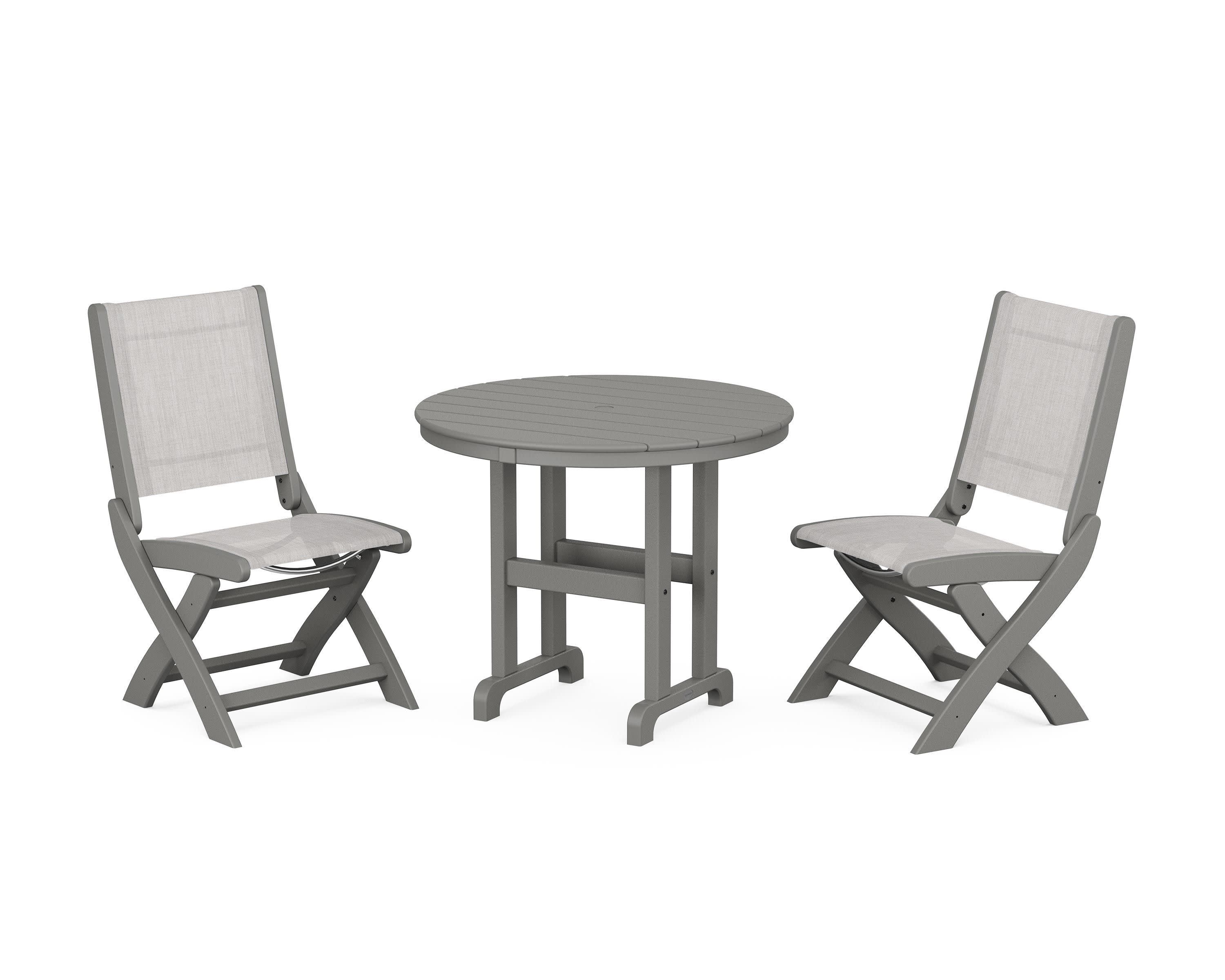 Coastal Folding Side Chair 3-Piece Round Dining Set in Slate Grey / Parchment Sling