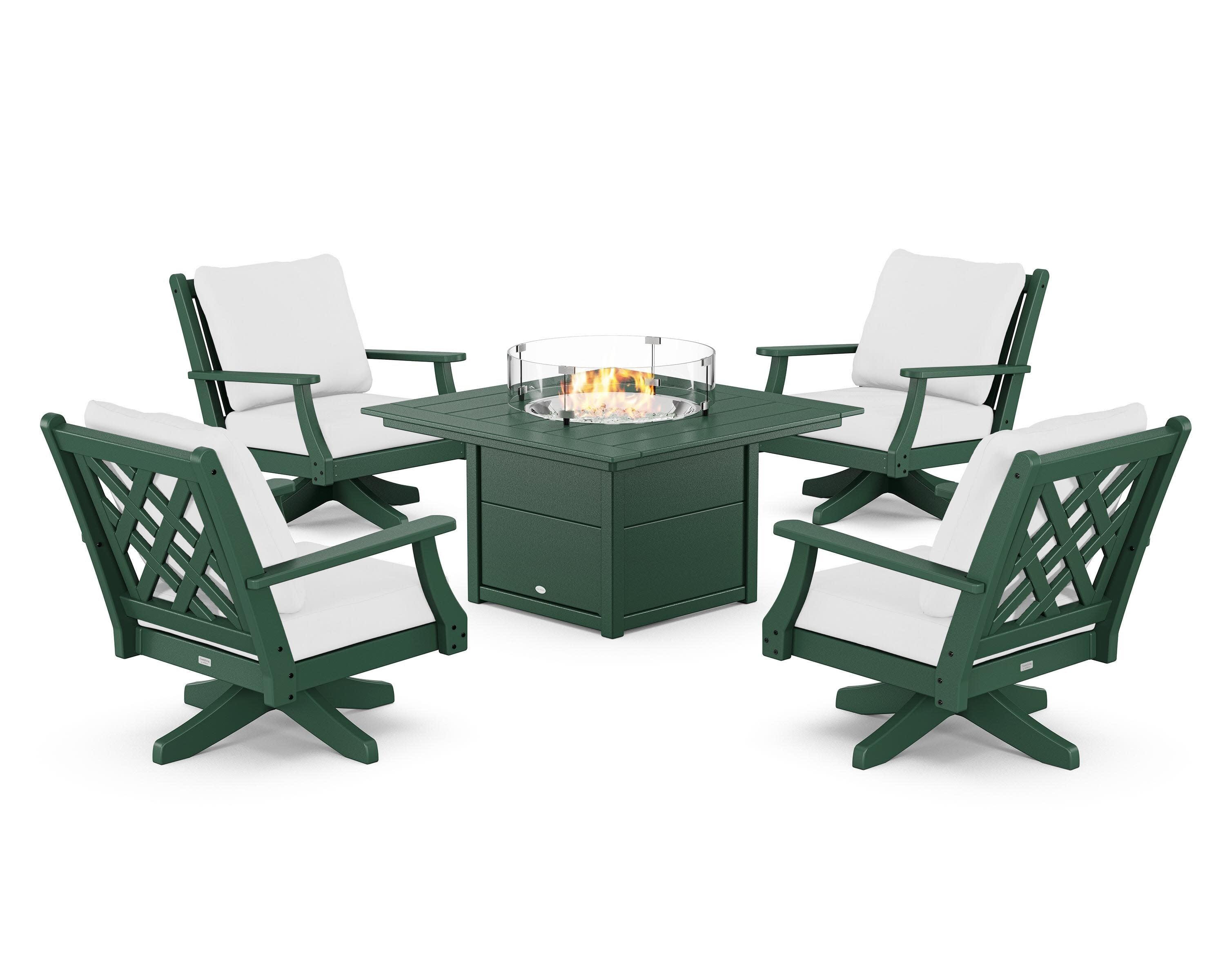 Wovendale 5-Piece Deep Seating Swivel Conversation Set with Fire Pit Table in Green / Natural