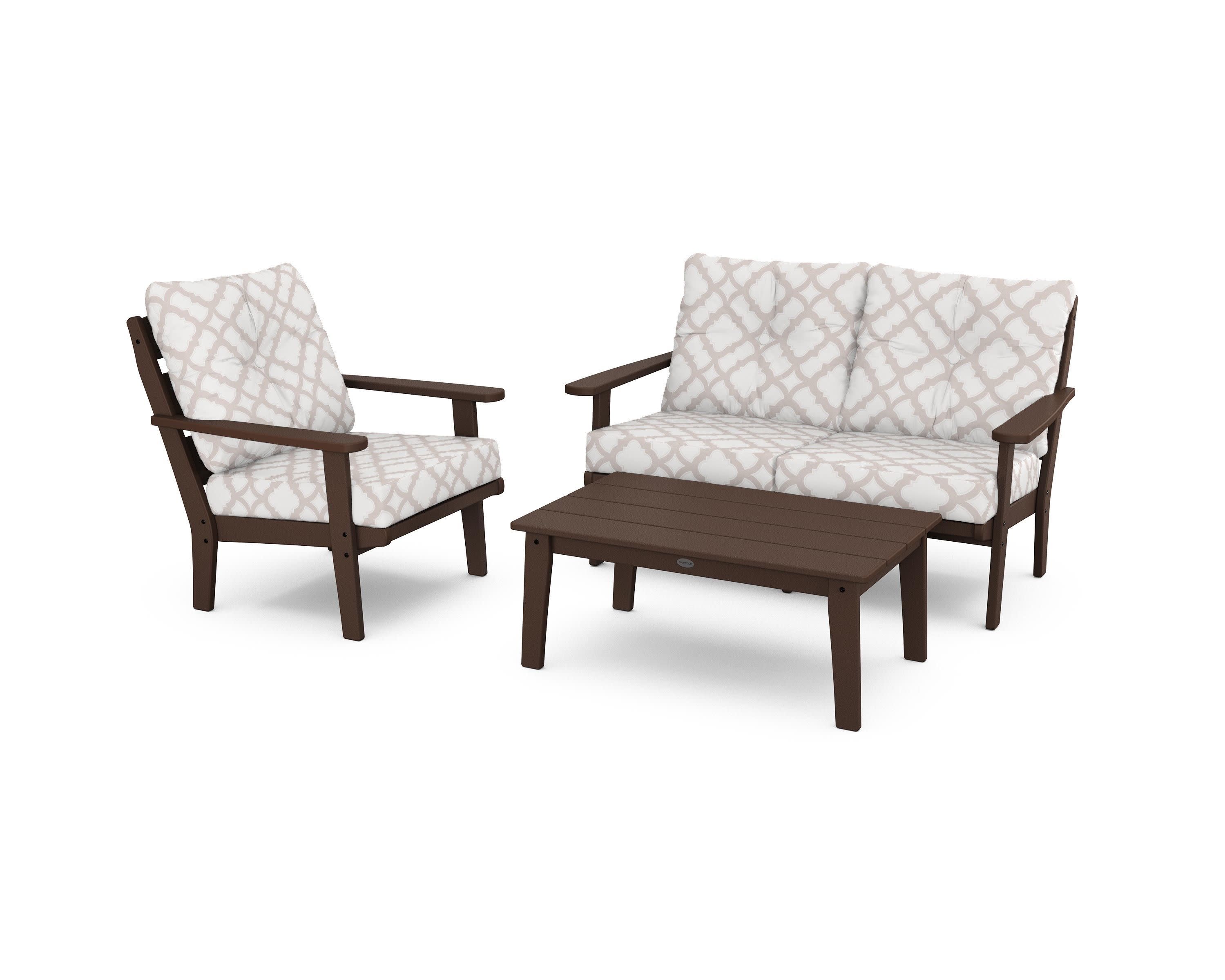 Lakeside 3-Piece Deep Seating Set in Mahogany / Trellis Dune Burlap