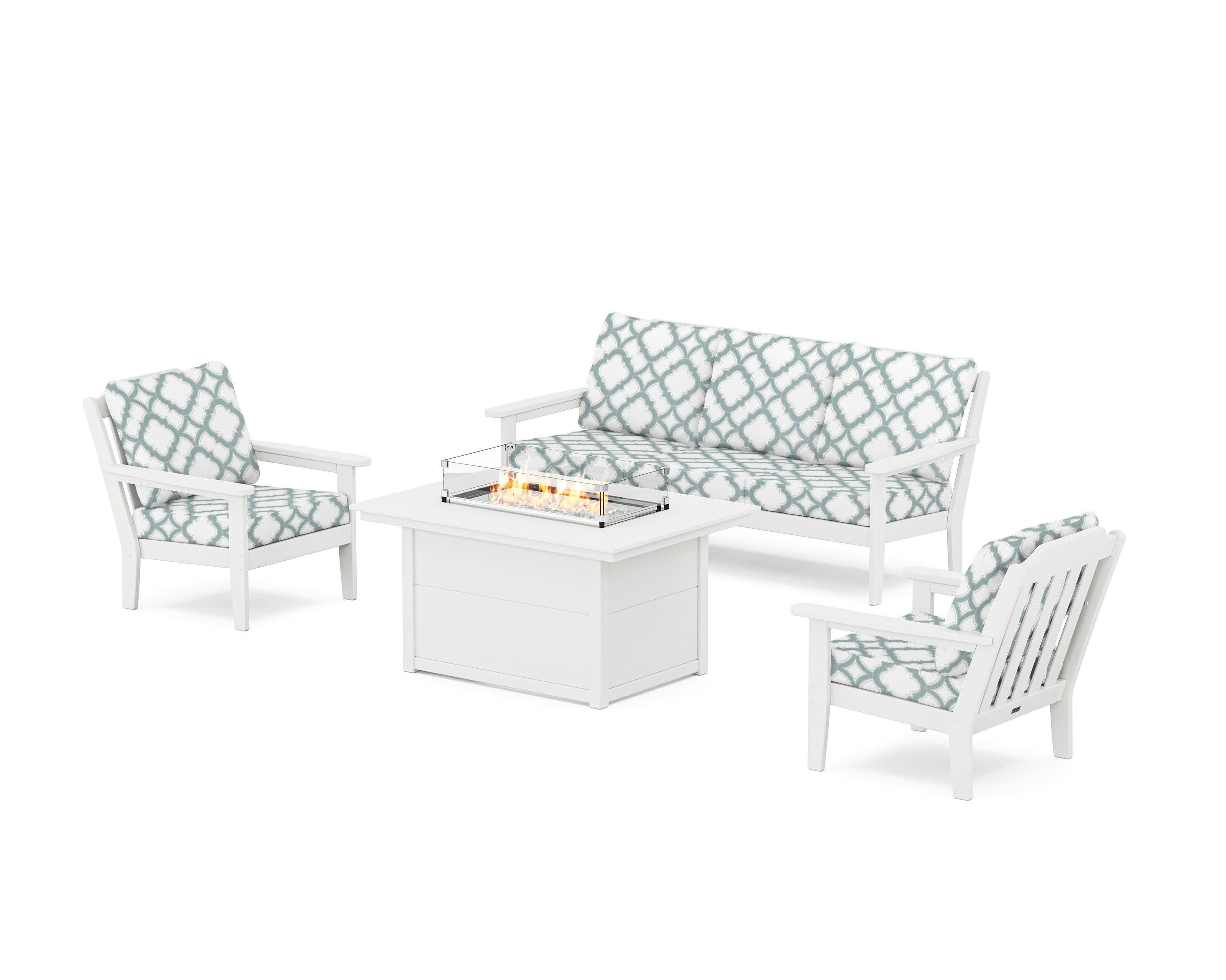 Cottage Deep Seating Fire Pit Table Set in White / Trellis Glacier Spa