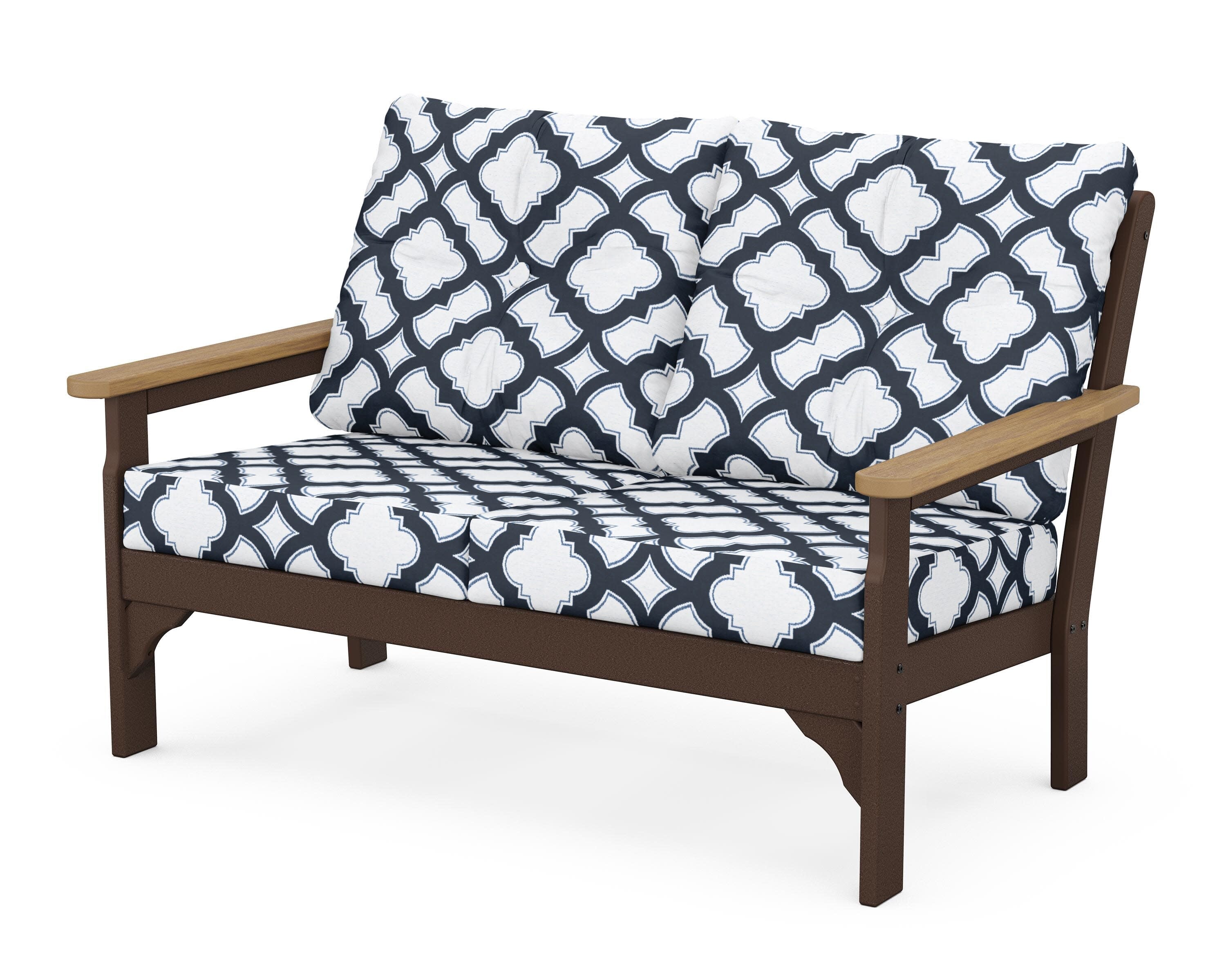 Vineyard Deep Seating Loveseat in Mahogany / Natural / Trellis Marine Indigo