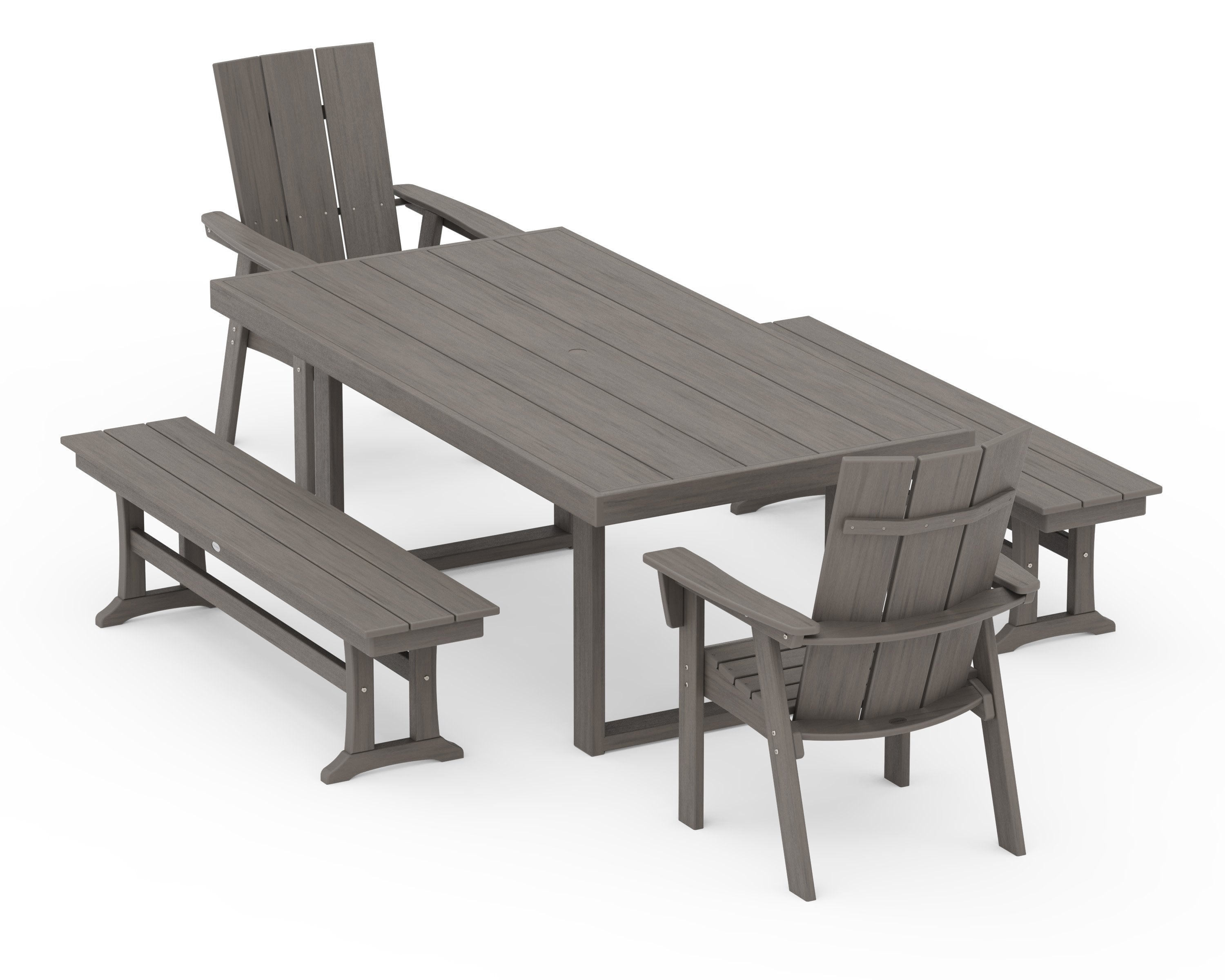 Modern Curveback Adirondack 5-Piece Dining Set with Benches in Driftwood