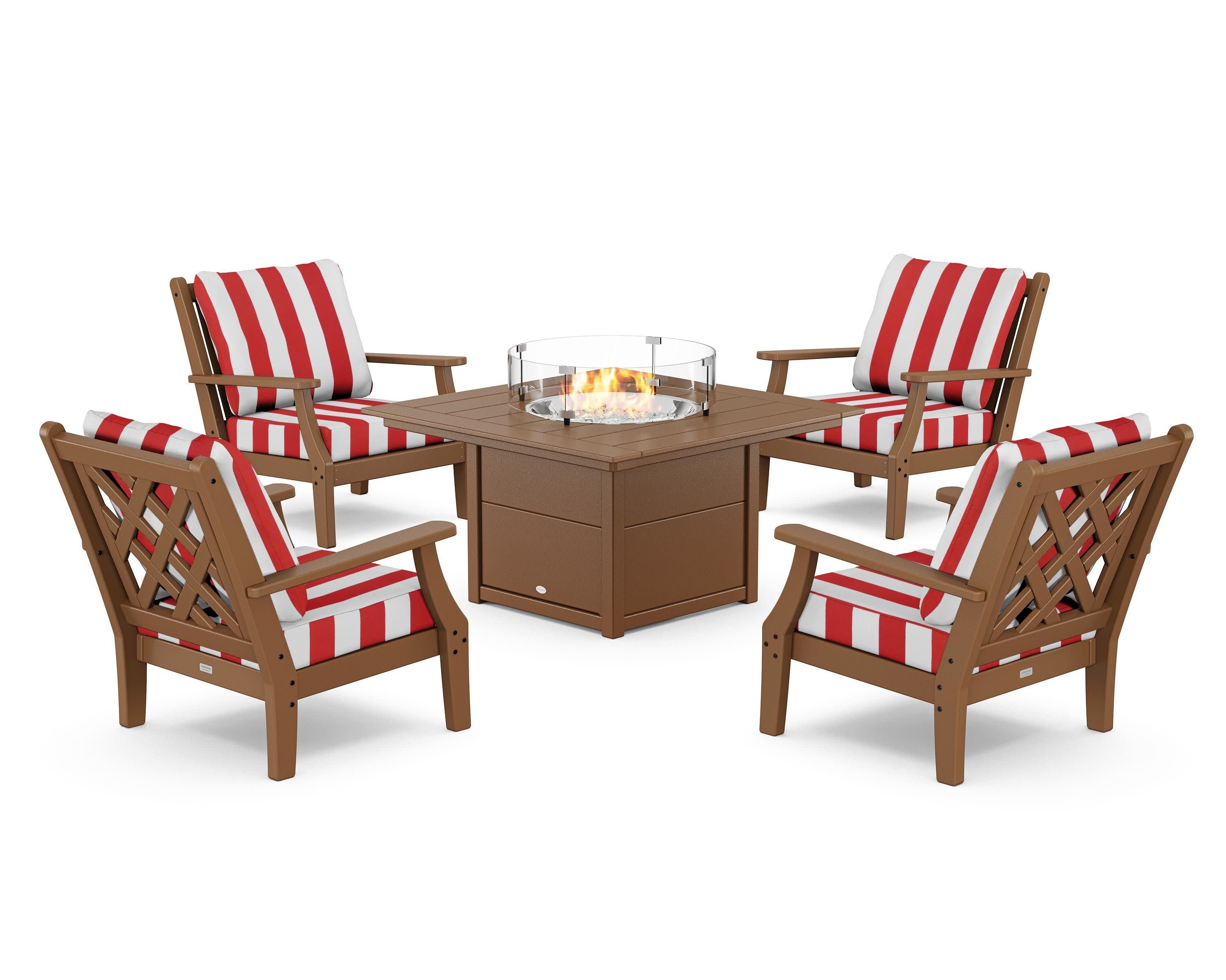 Wovendale 5-Piece Deep Seating Set with Fire Pit Table in Teak / Cabana Stripe Crimson
