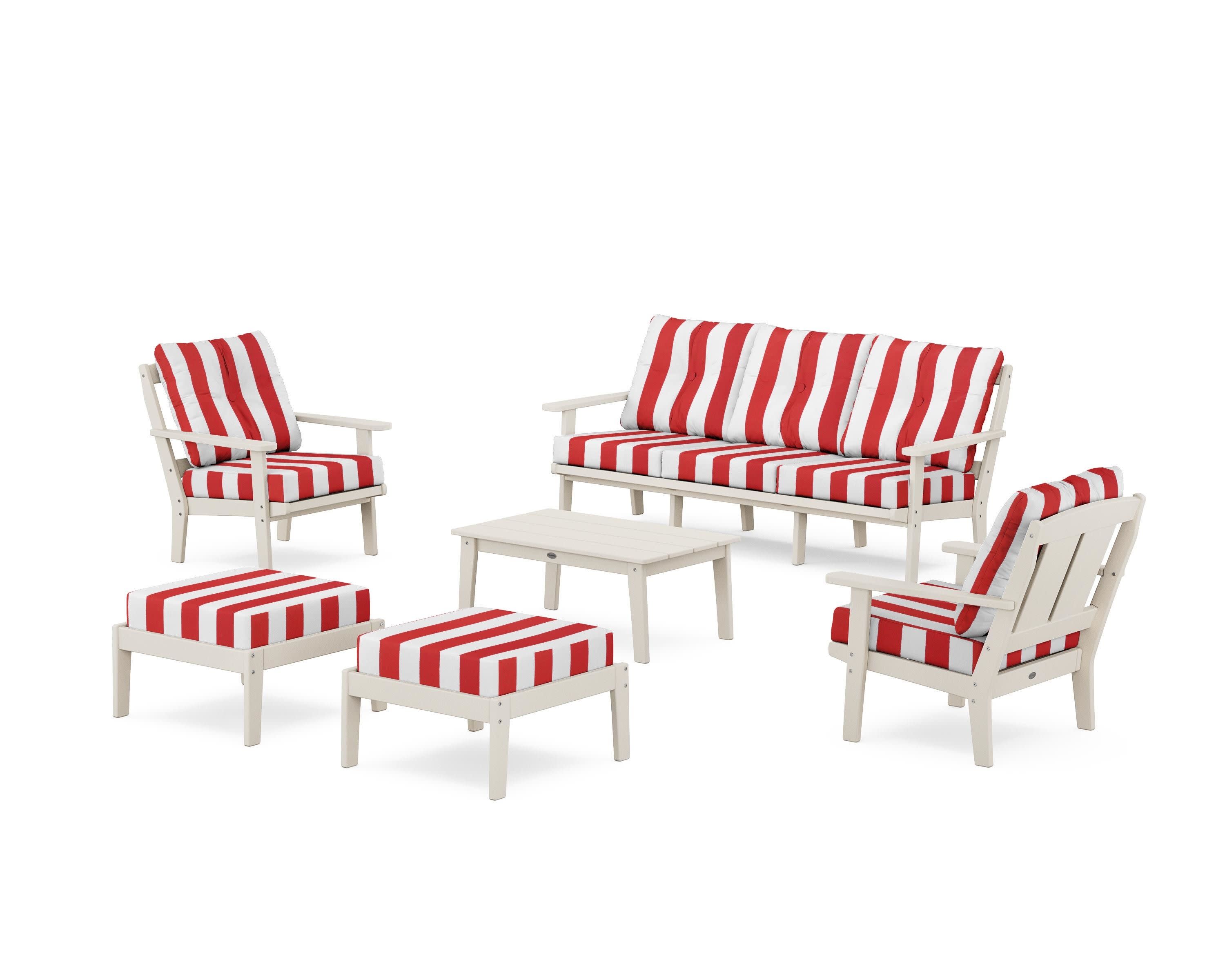 Mission 6-Piece Lounge Sofa Set in Sand / Cabana Stripe Crimson