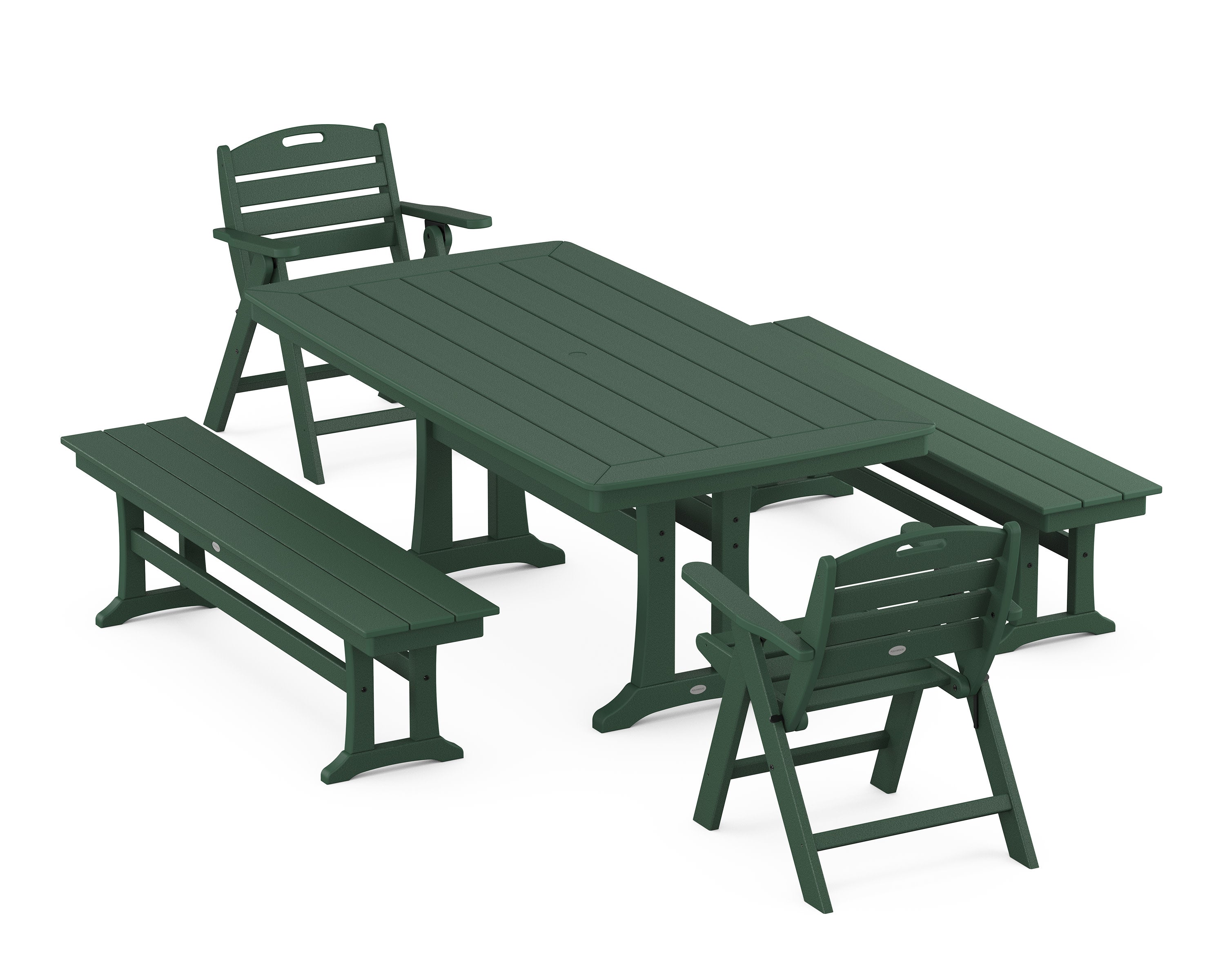 Nautical Folding Lowback Chair 5-Piece Dining Set with Trestle Legs and Benches in Green