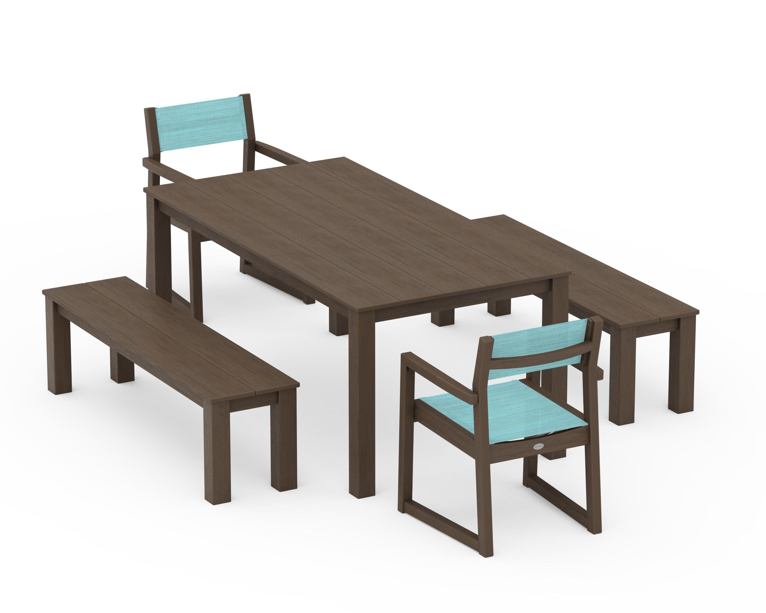 EDGE Sling Arm Chair 5-Piece Parsons Dining Set with Benches in Kona / Dupioni Aquamarine Sling