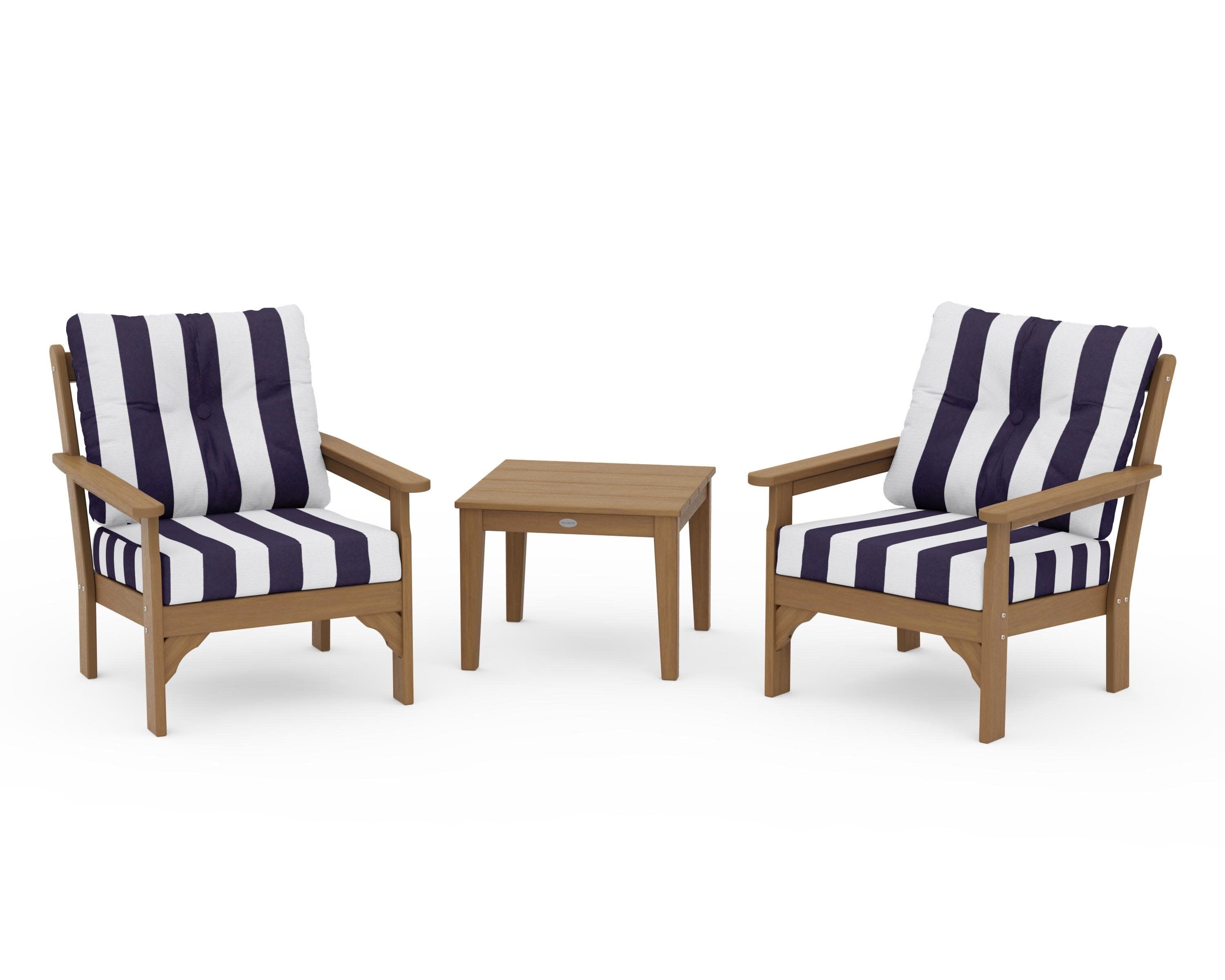 Vineyard 3-Piece Deep Seating Set in Natural / Cabana Stripe Navy
