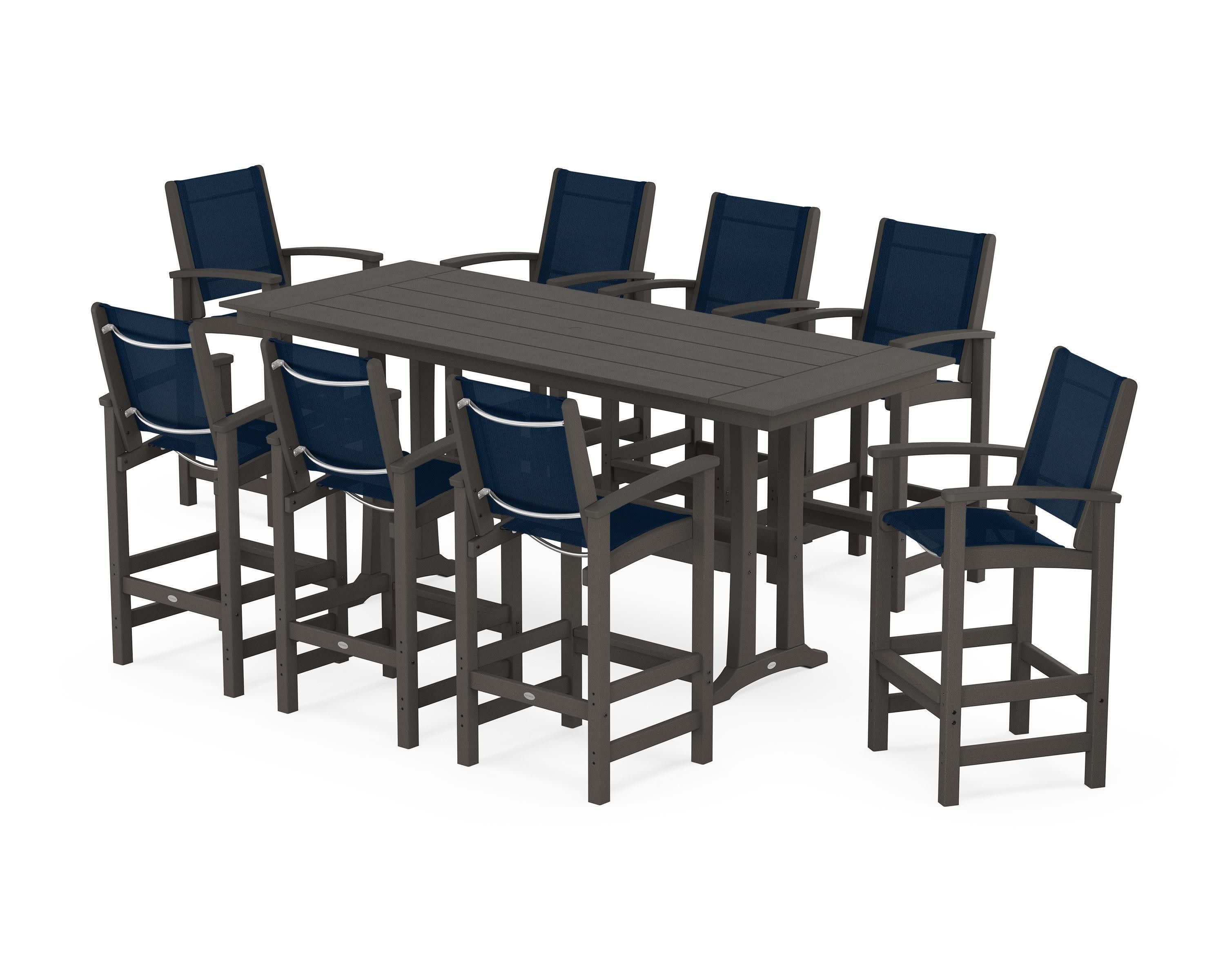 Coastal 9-Piece Farmhouse Bar Set with Trestle Legs in Vintage Coffee / Navy Blue Sling