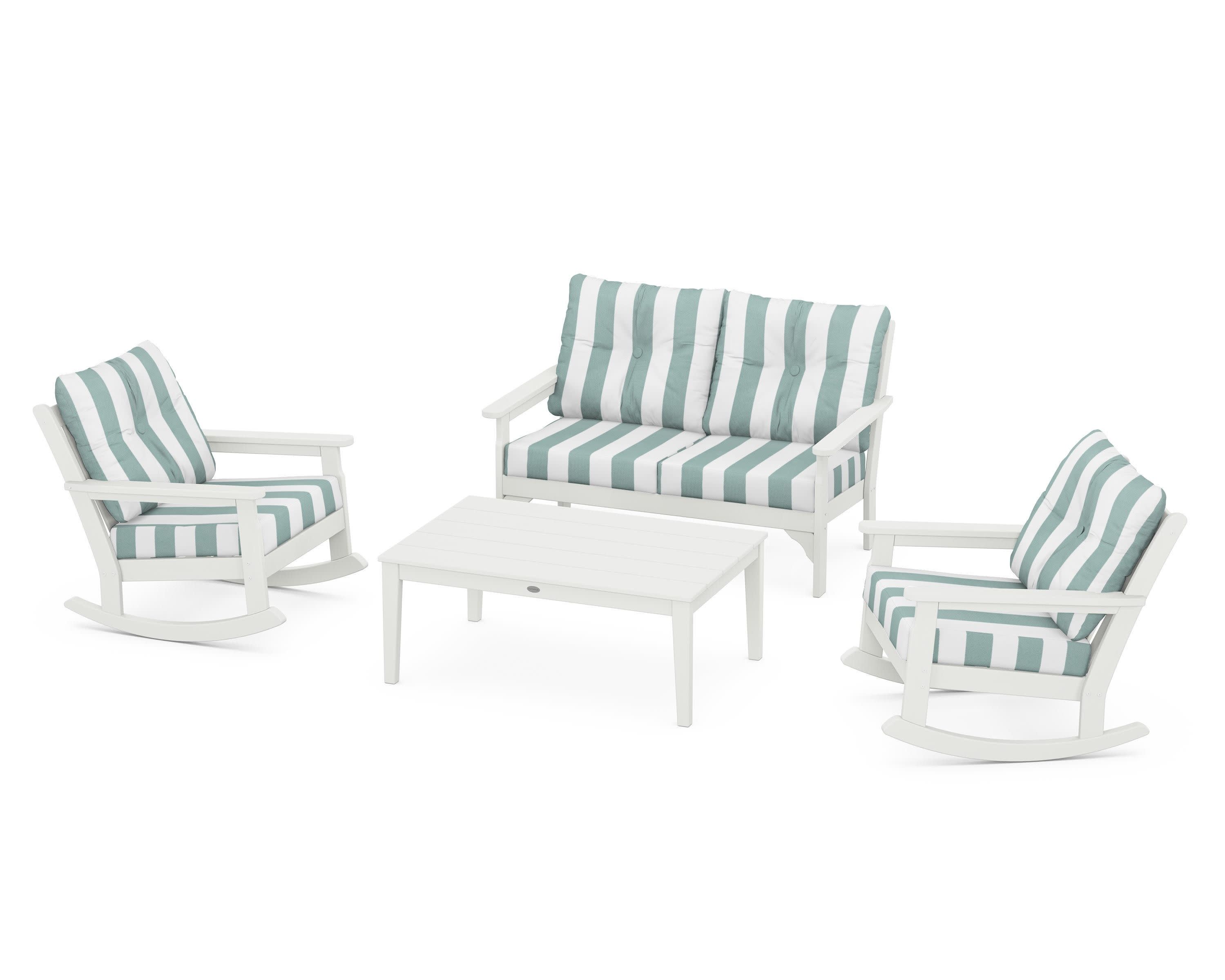 Vineyard 4-Piece Deep Seating Rocking Chair Set in Vintage White / Cabana Stripe Glacier Spa