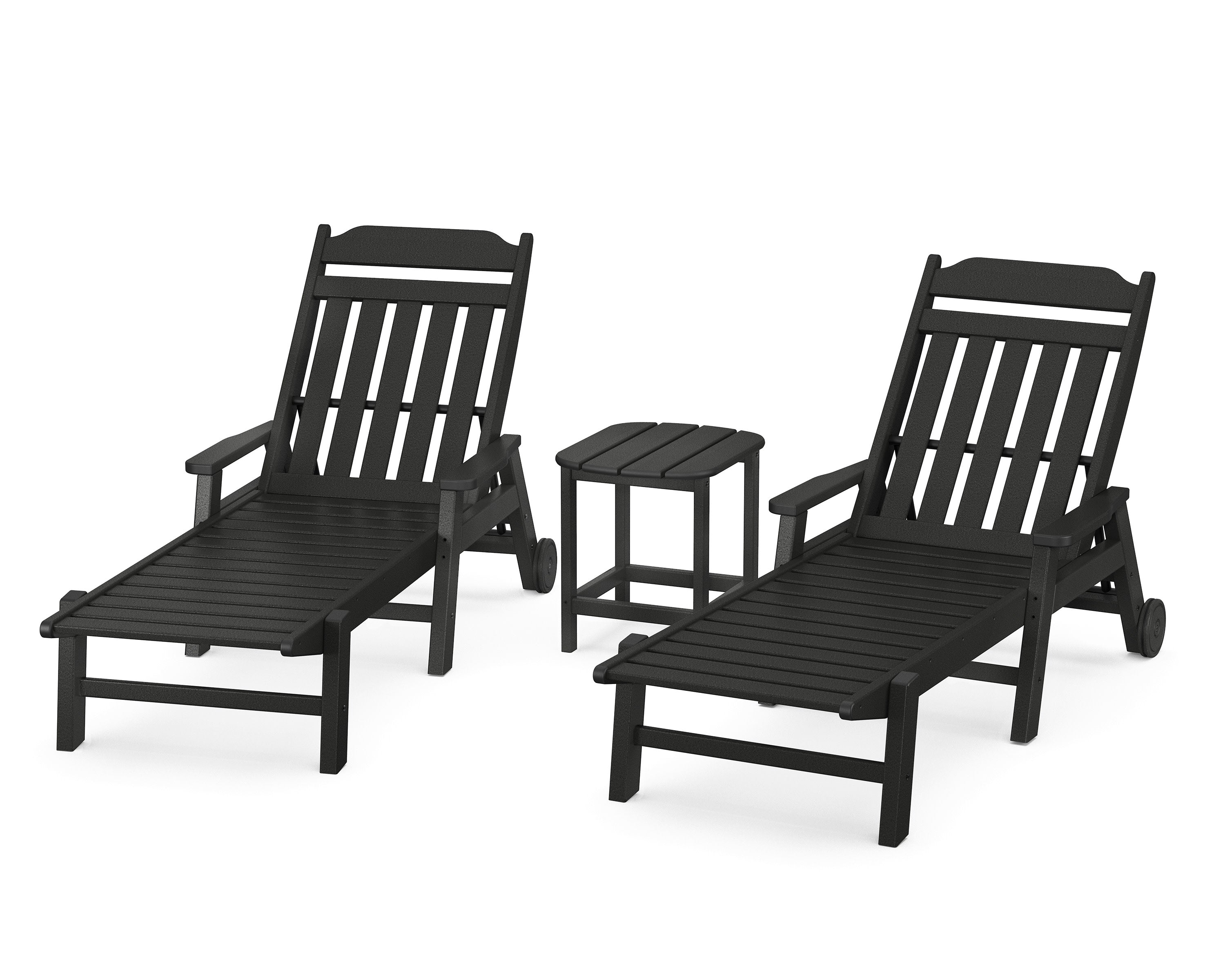 Cottage 3-Piece Chaise Set with Arms and Wheels in Black