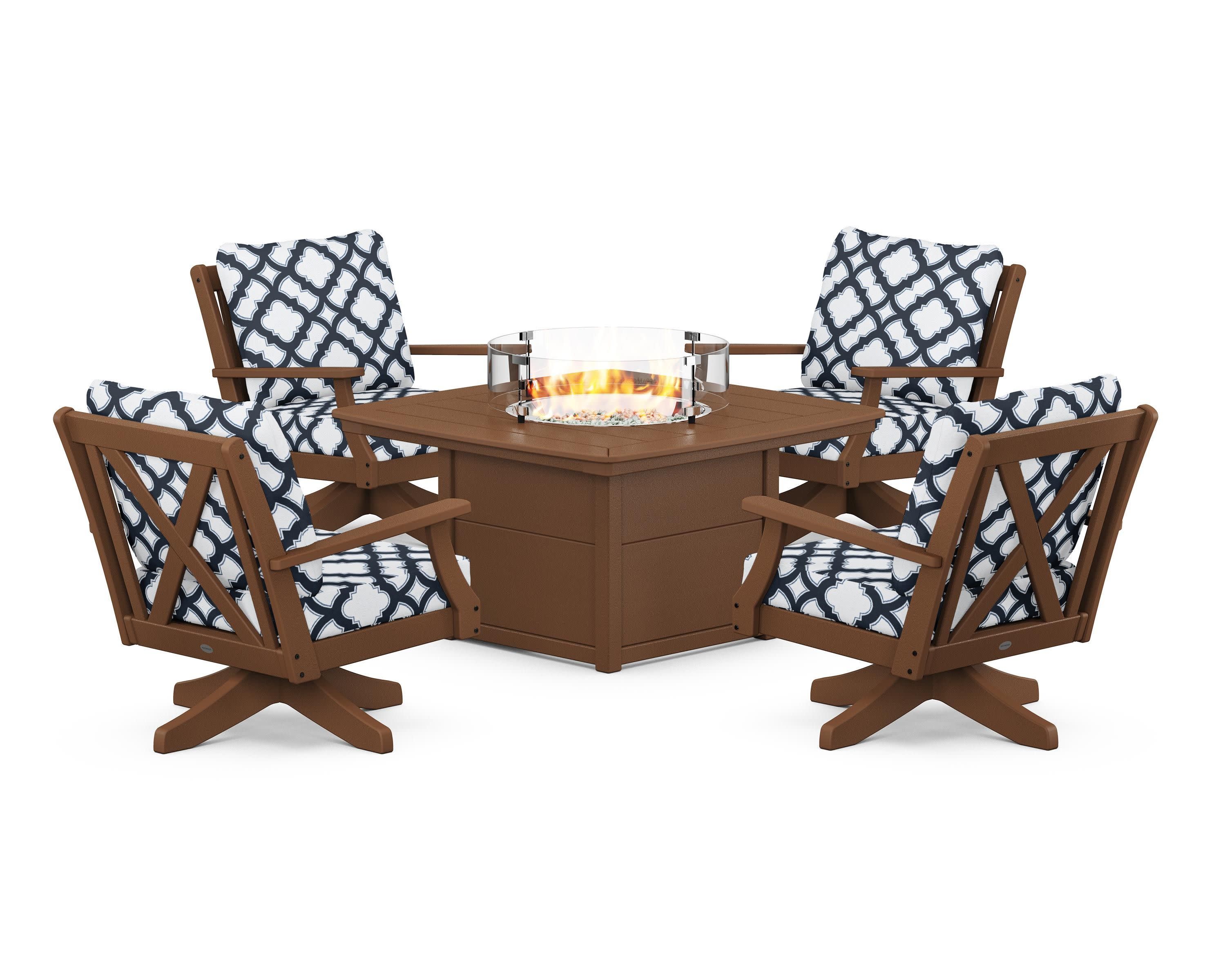 Braxton 5-Piece Deep Seating Swivel Conversation Set with Fire Pit Table in Teak / Trellis Marine Indigo