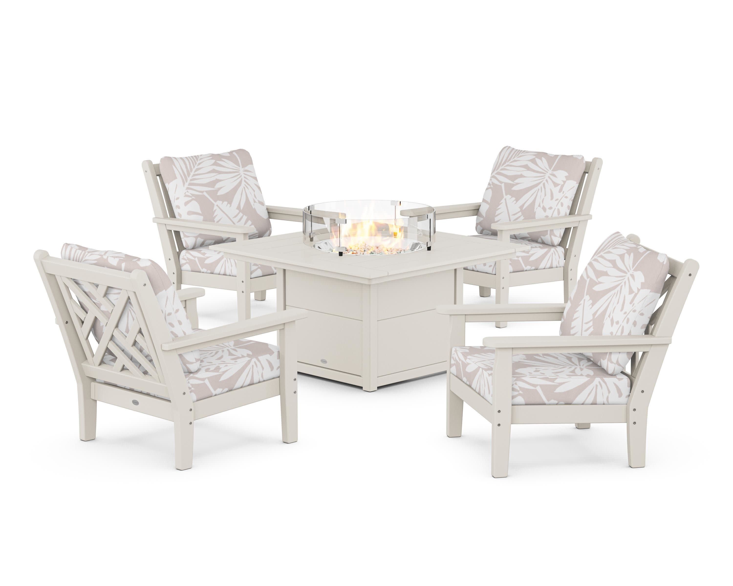 Chippendale 5-Piece Deep Seating Set with Fire Pit Table in Sand / Leaf Dune Burlap