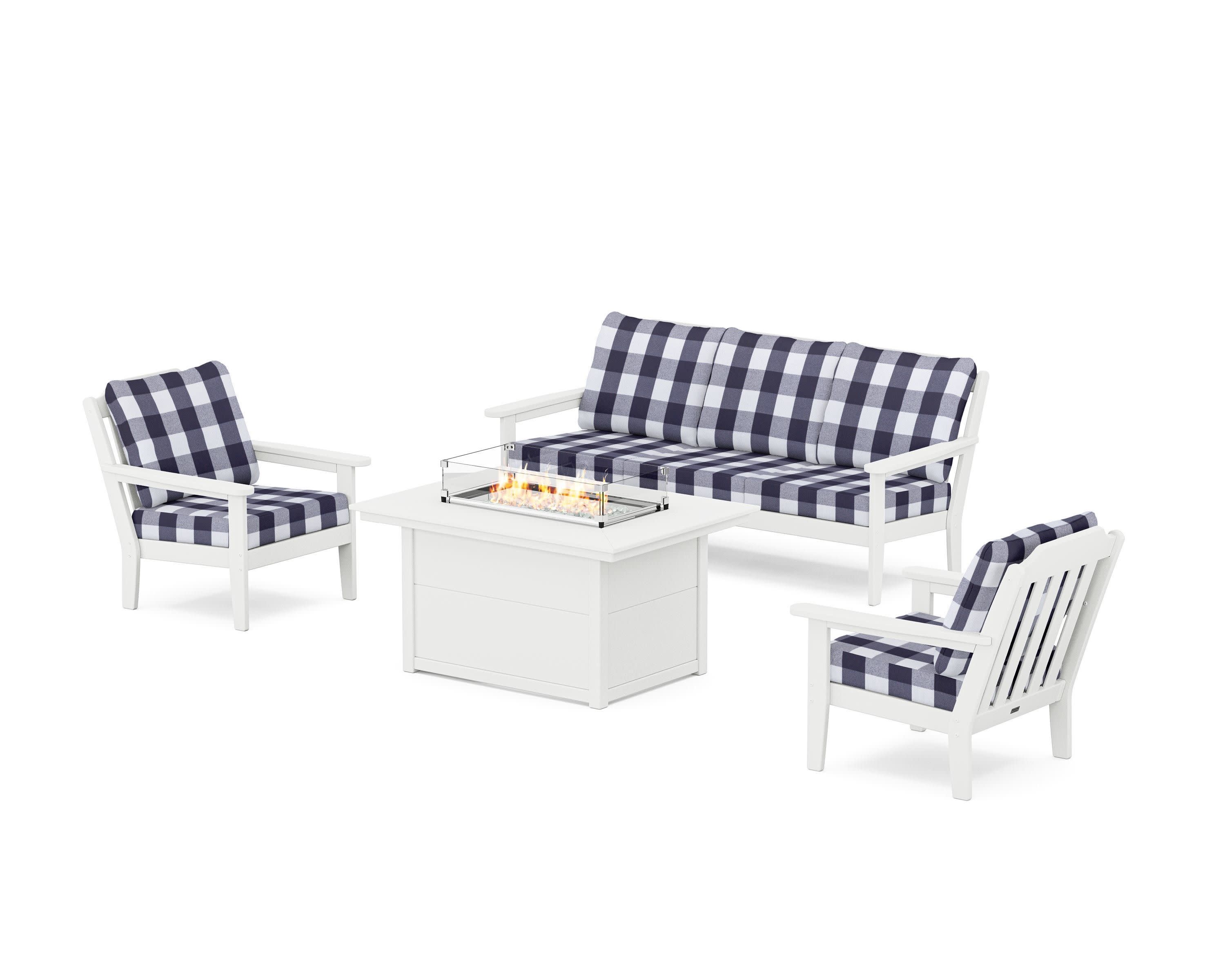 Cottage Deep Seating Fire Pit Table Set in White / Buffalo Plaid Navy