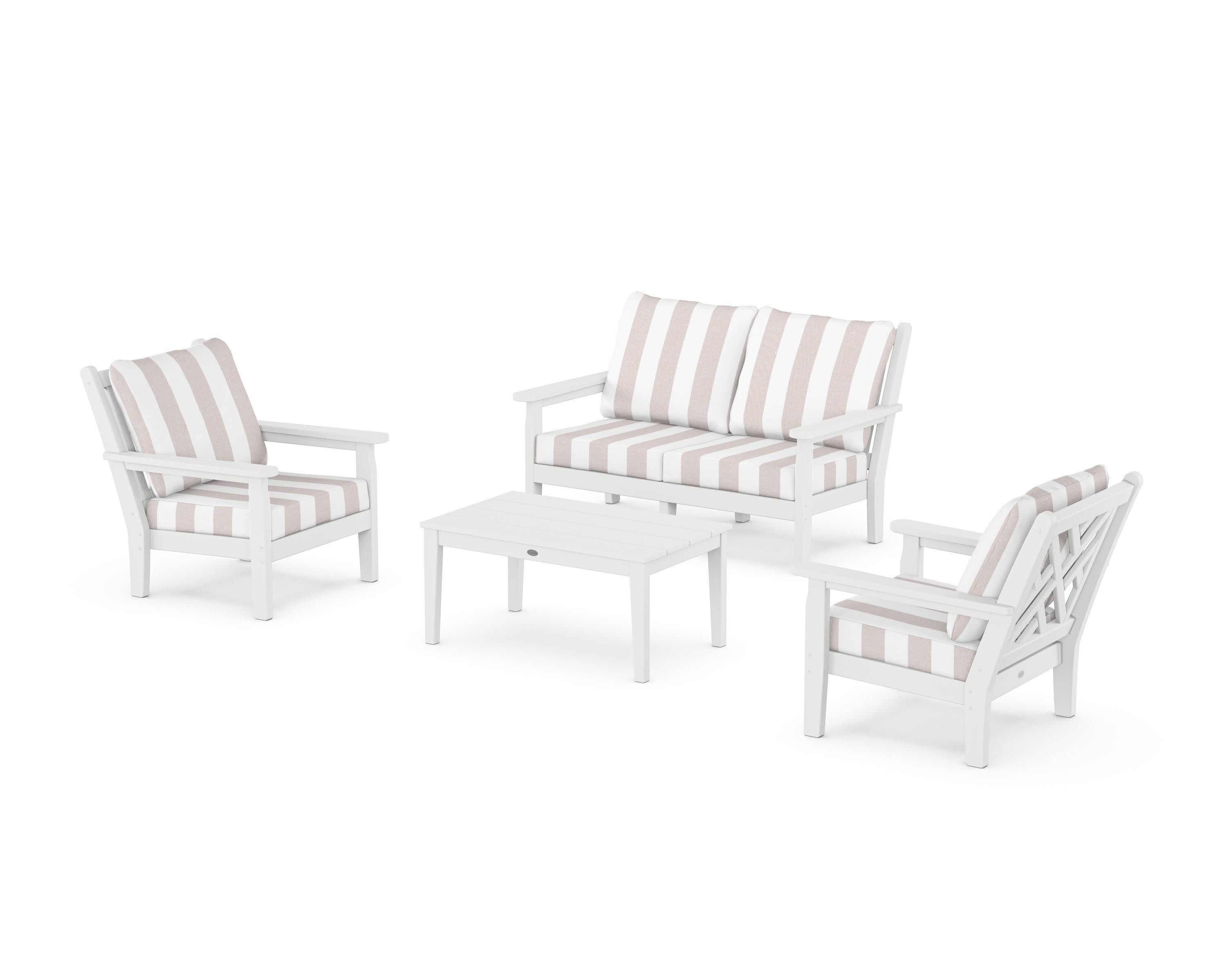 Chippendale 4-Piece Deep Seating Set with Loveseat in White / Cabana Stripe Dune Burlap