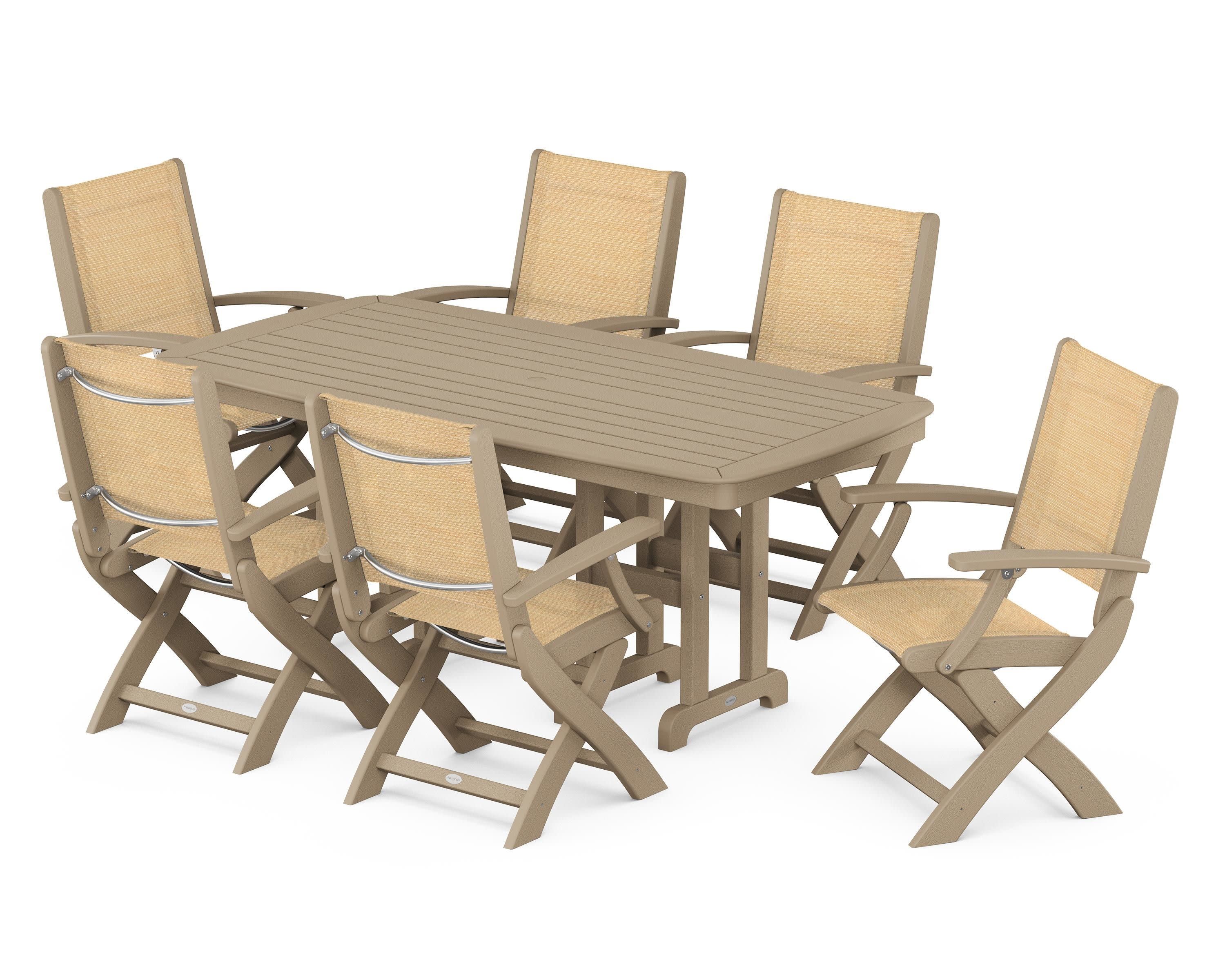 Coastal Folding Arm Chair 7-Piece Dining Set in Vintage Sahara / Dupioni Apricot Sling