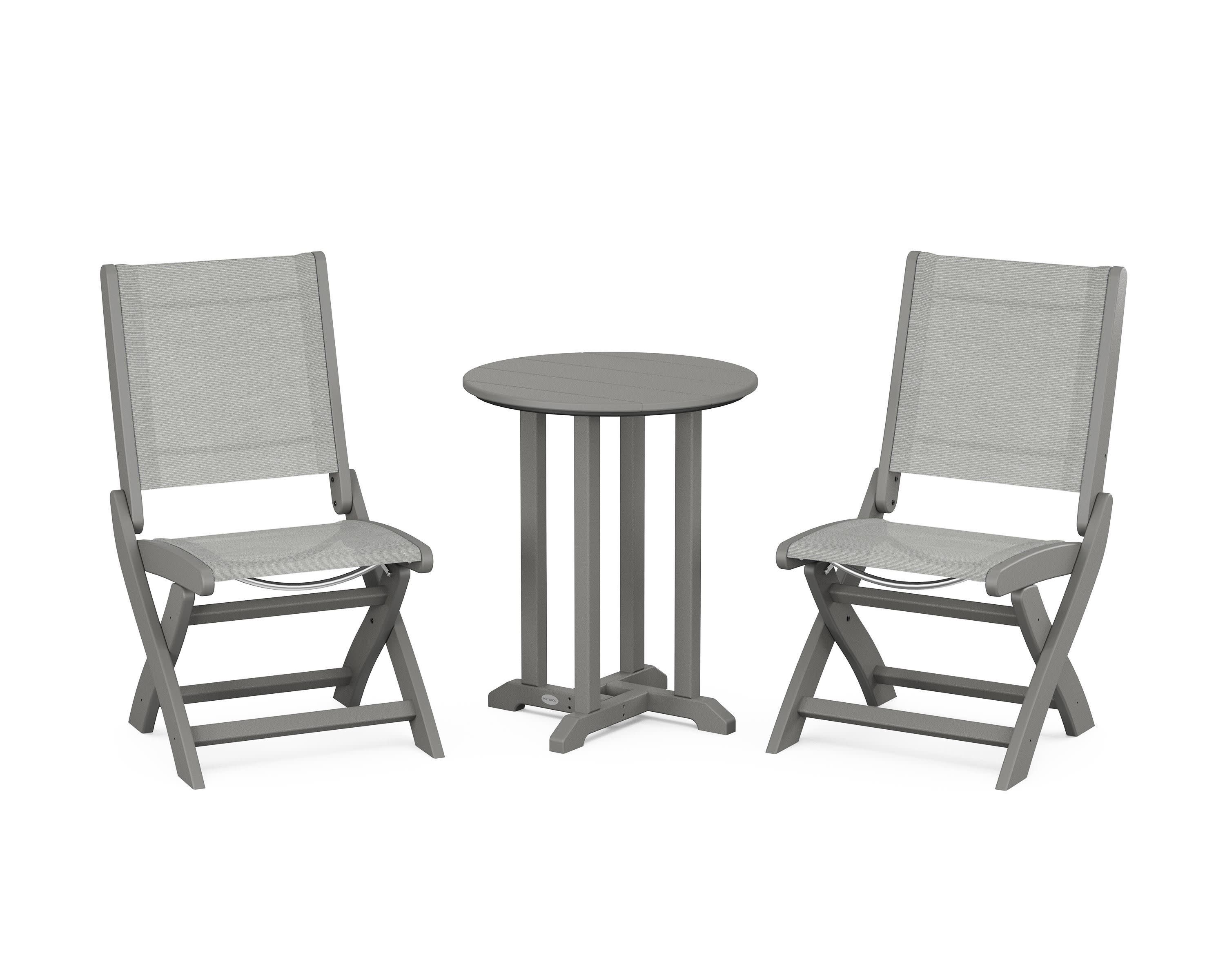 Coastal Folding Side Chair 3-Piece Round Bistro Dining Set in Slate Grey / Metallic Sling
