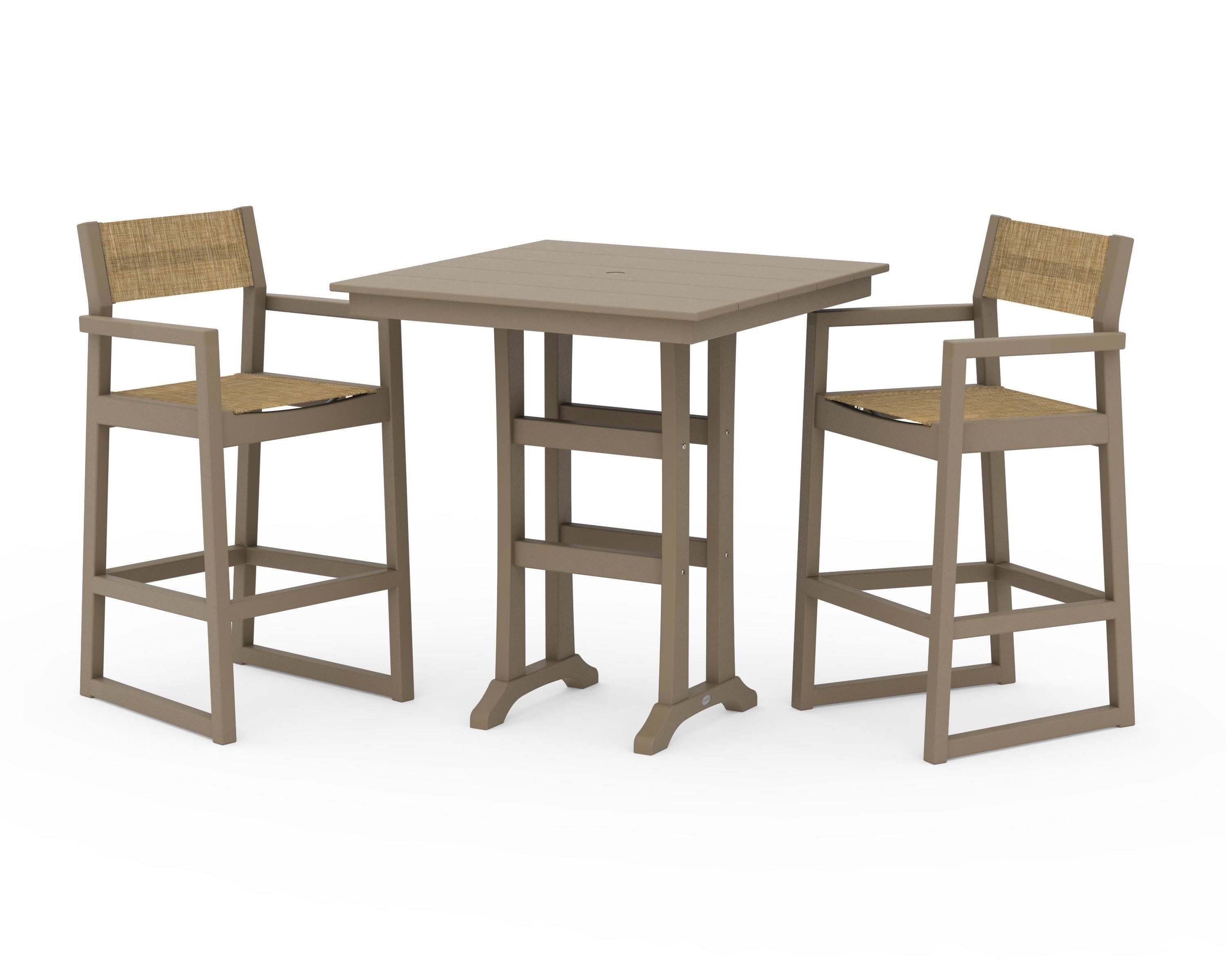 EDGE Sling Arm Chair 3-Piece Farmhouse Bar Set with Trestle Legs in Vintage Sahara / Burlap Sling