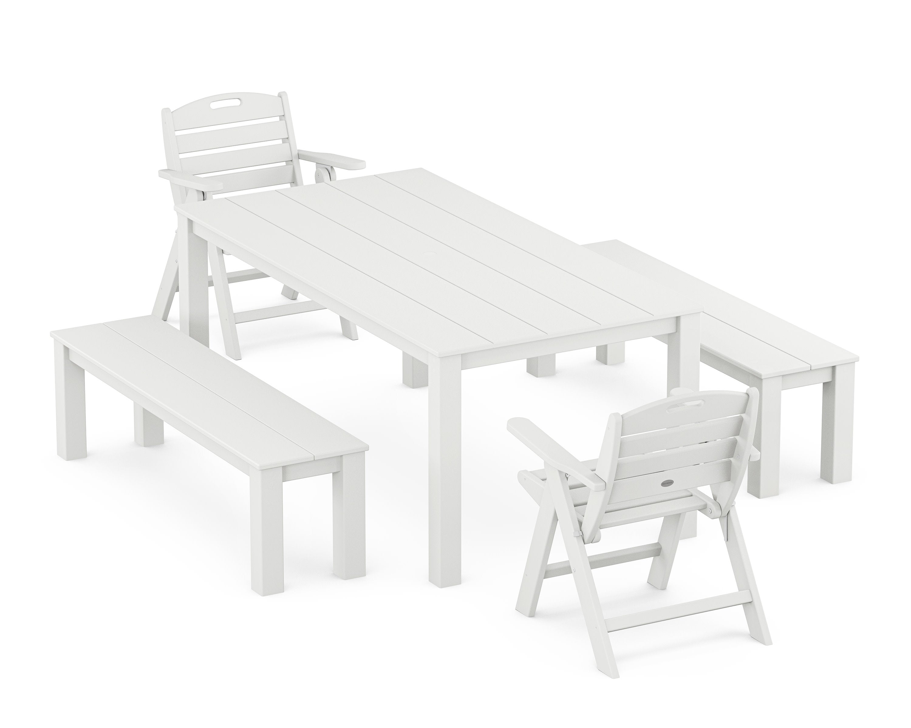 Nautical Folding Lowback Chair 5-Piece Parsons Dining Set with Benches in White