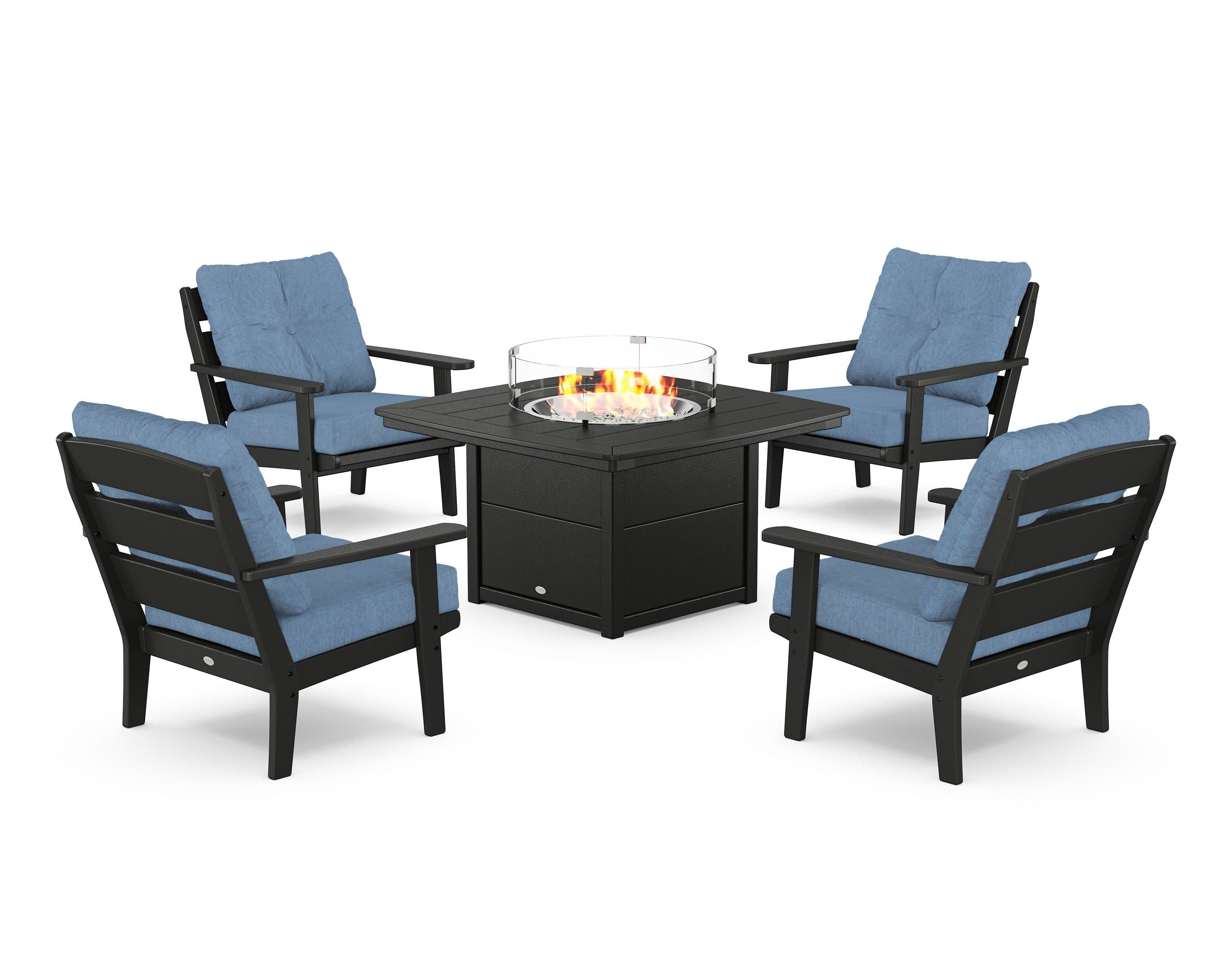 Lakeside 5-Piece Deep Seating Set with Nautical Fire Pit Table in Black / Sky Blue