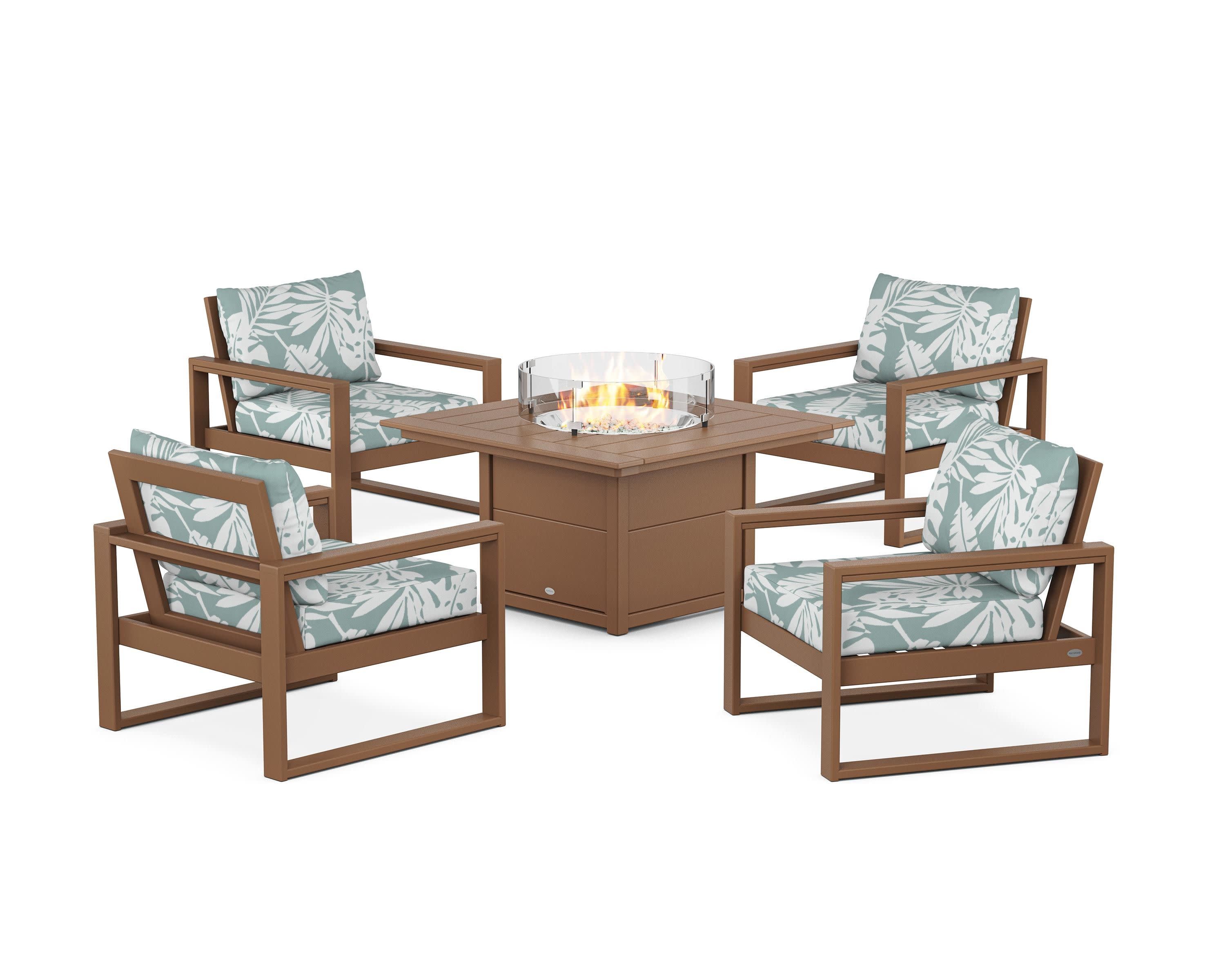 EDGE Sectional 5-Piece Deep Seating Set with Fire Pit Table in Teak / Leaf Glacier Spa