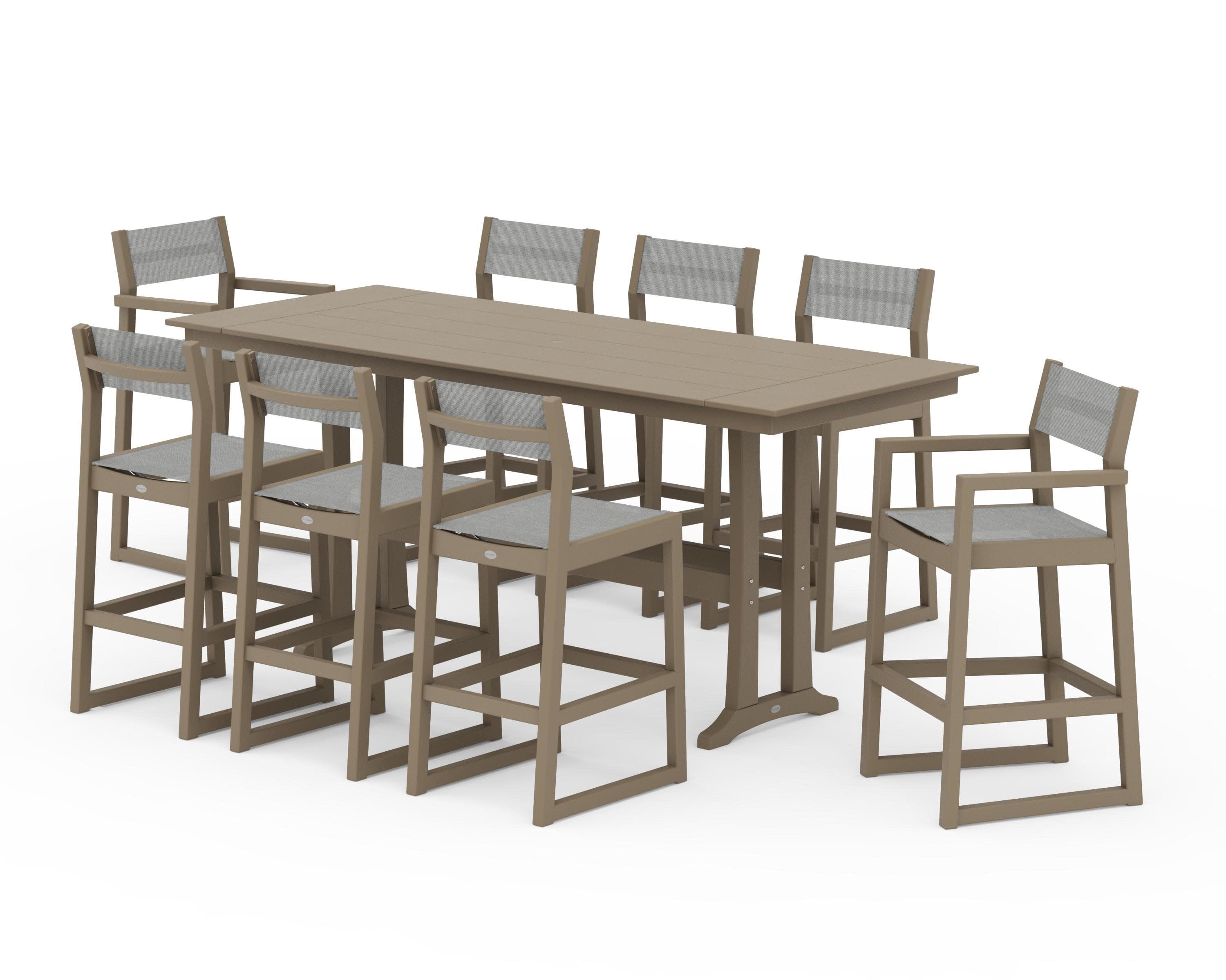 EDGE Sling 9-Piece Farmhouse Bar Set with Trestle Legs in Vintage Sahara / Metallic Sling