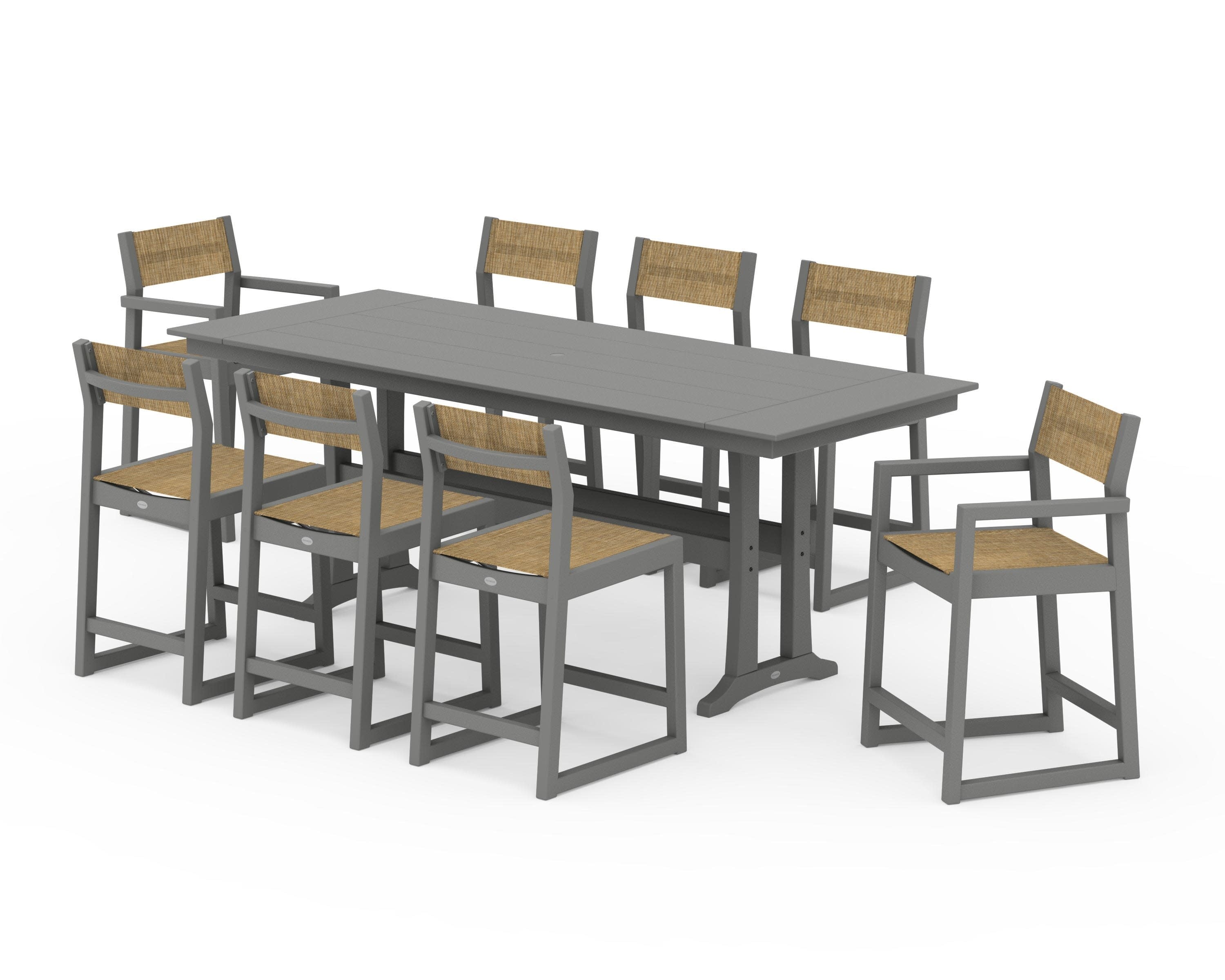 EDGE Sling 9-Piece Farmhouse Counter Set with Trestle Legs in Slate Grey / Burlap Sling