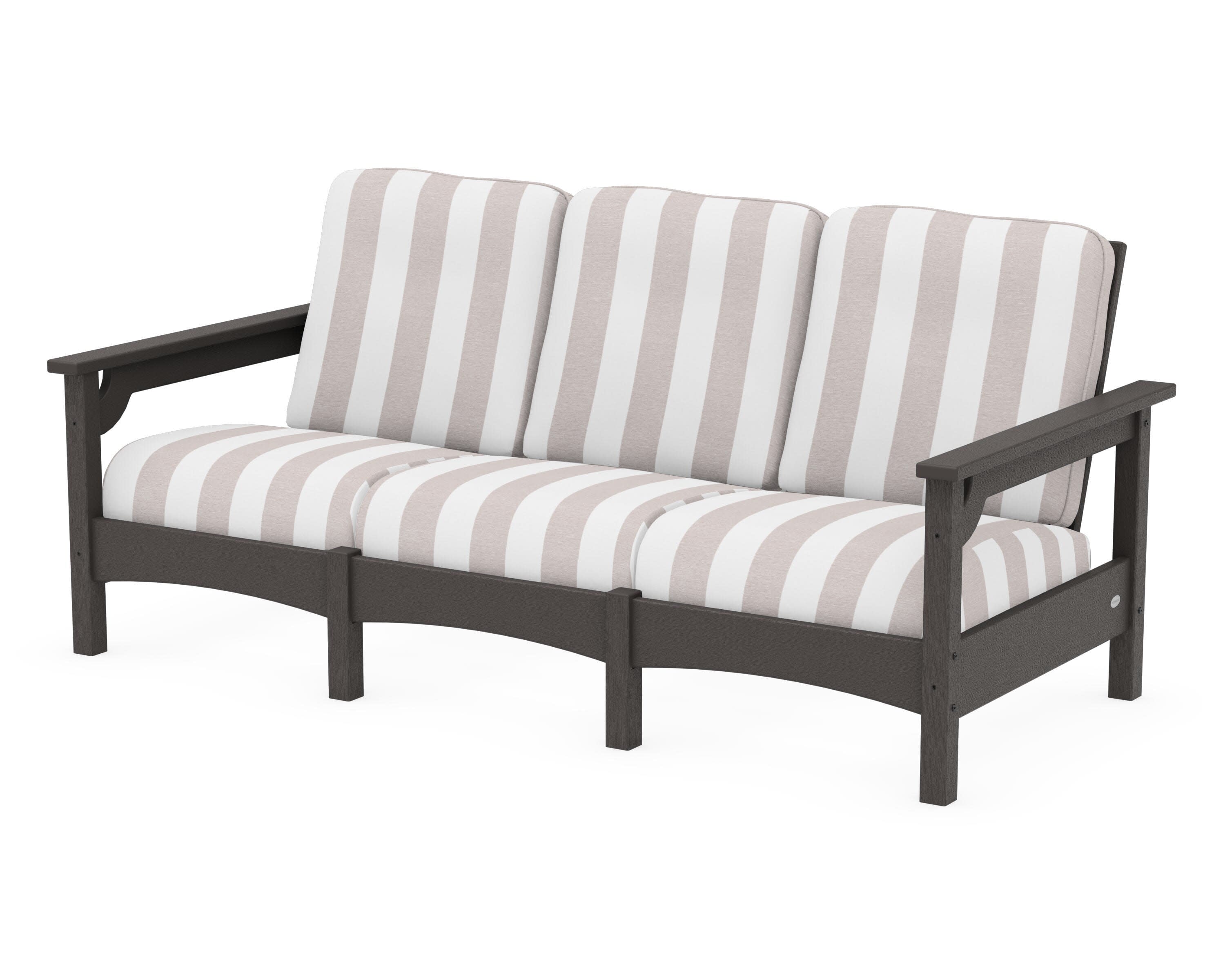 Club Sofa in Vintage Coffee / Cabana Stripe Dune Burlap